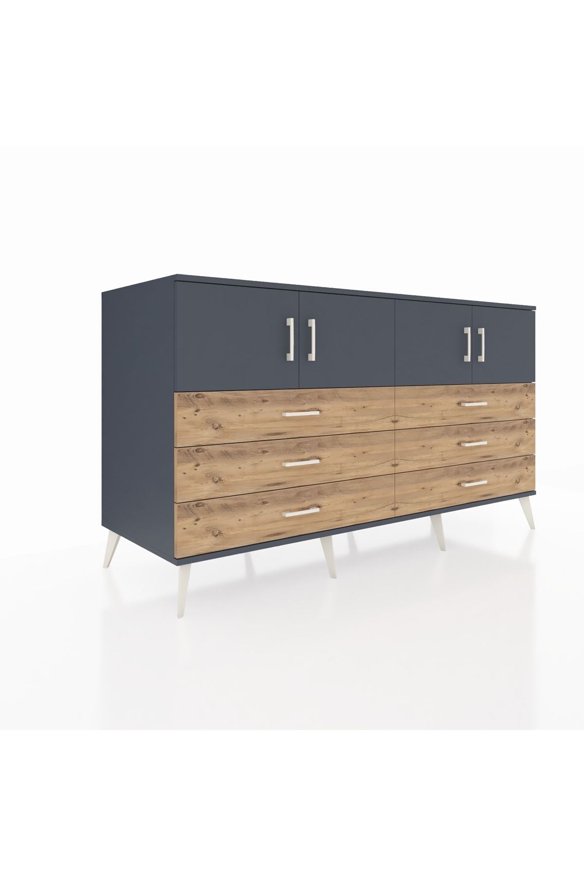 Kronos Konsol 2 Raflı 6 Çekmeceli 4 Kapaklı 176x59x99 Antrasit-Antrasit/Çam