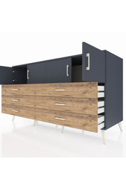 Kronos Konsol 2 Raflı 6 Çekmeceli 4 Kapaklı 176x59x99 Antrasit-Antrasit/Çam