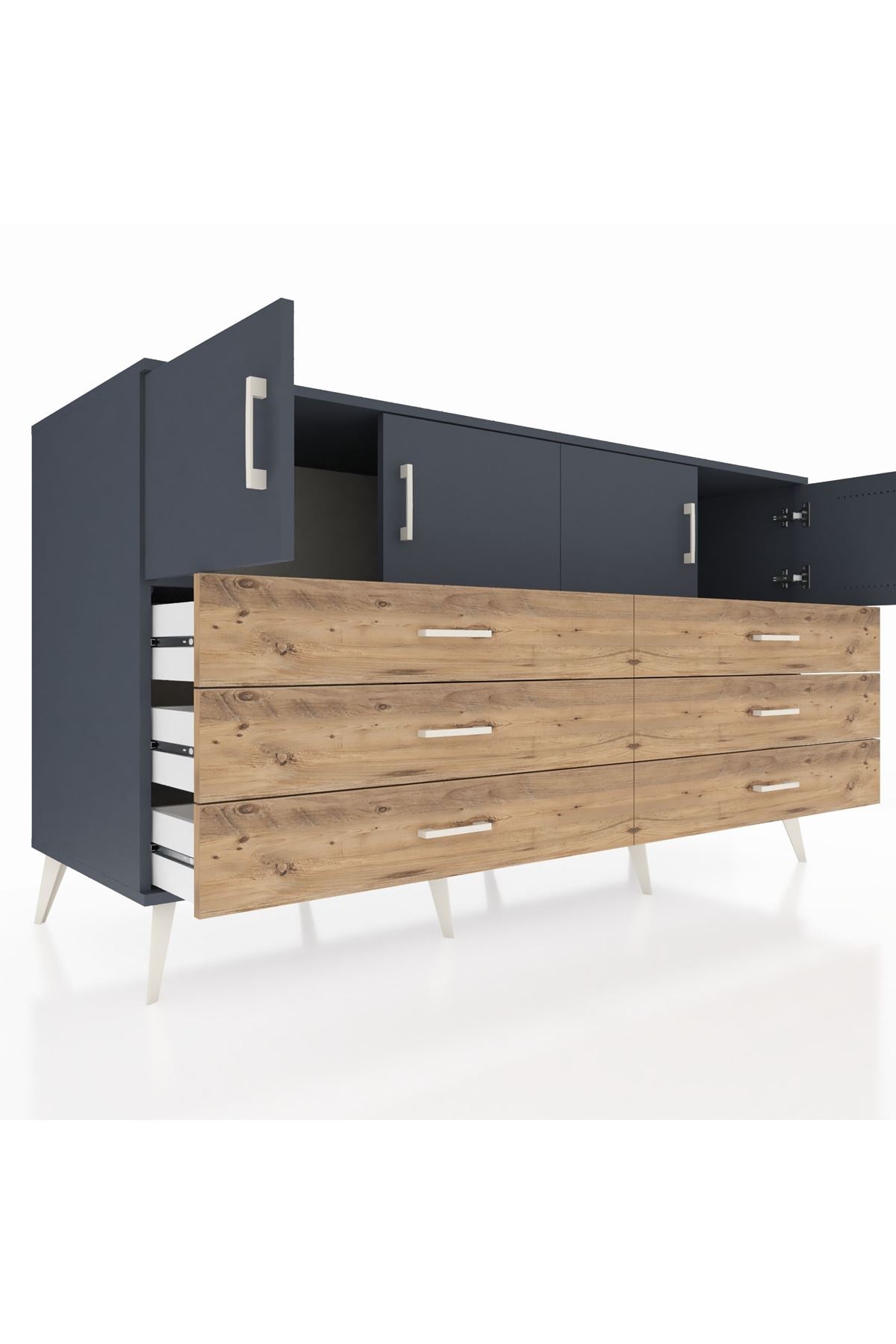 Kronos Konsol 2 Raflı 6 Çekmeceli 4 Kapaklı 176x59x99 Antrasit-Antrasit/Çam