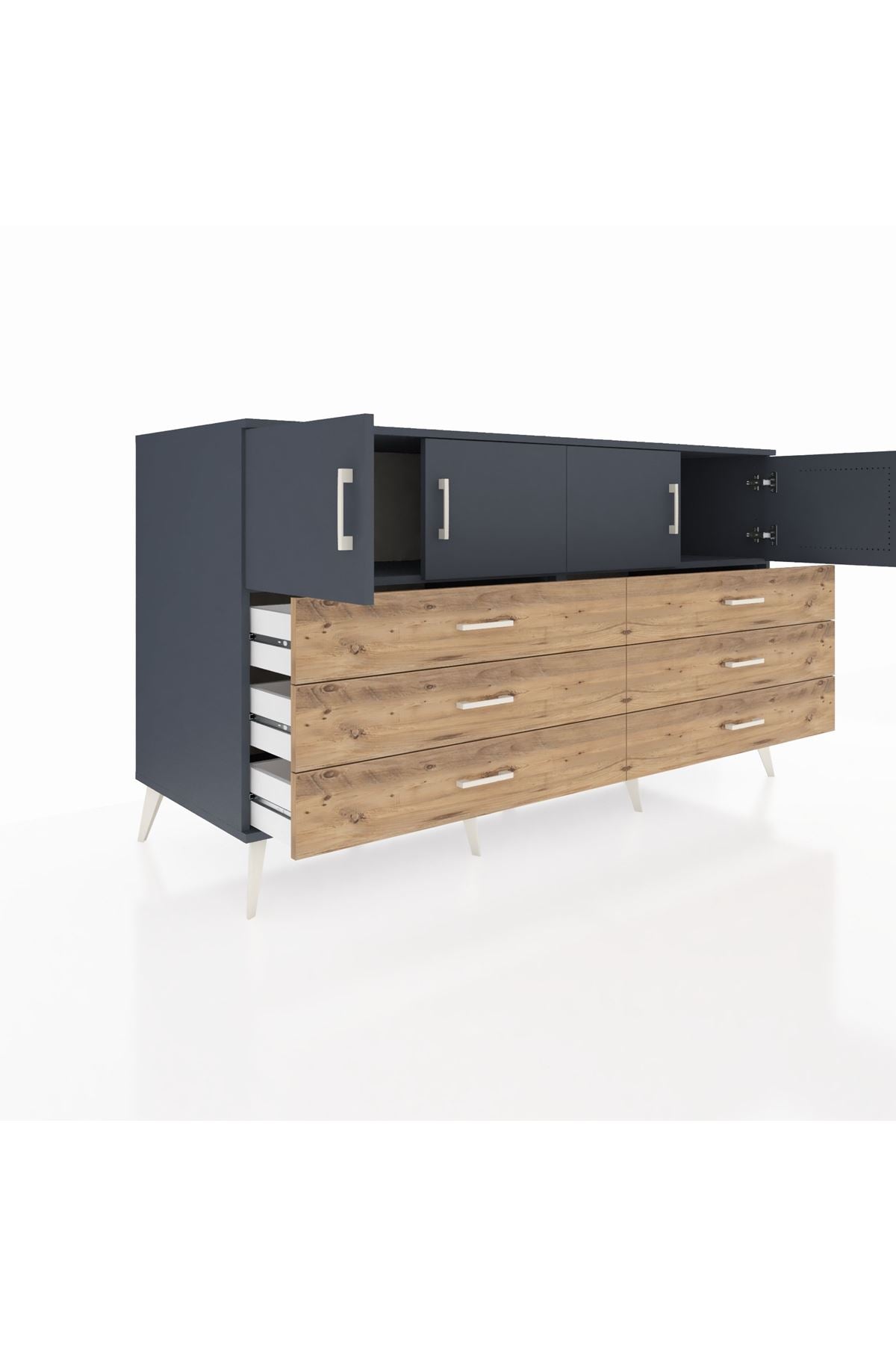 Kronos Konsol 2 Raflı 6 Çekmeceli 4 Kapaklı 176x59x99 Antrasit-Antrasit/Çam