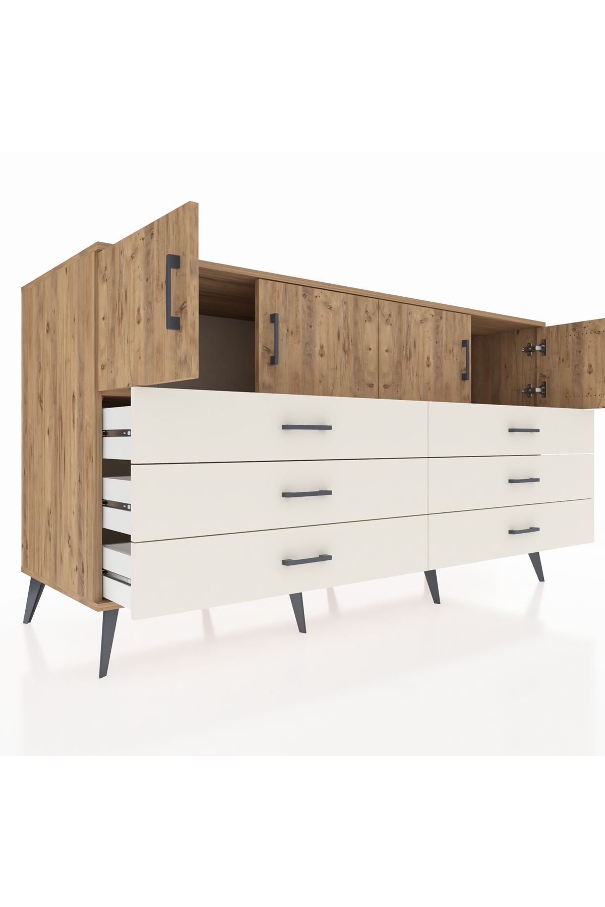 Kronos Konsol 2 Raflı 6 Çekmeceli 4 Kapaklı 176x59x99 Çam-Çam/Aytaşı