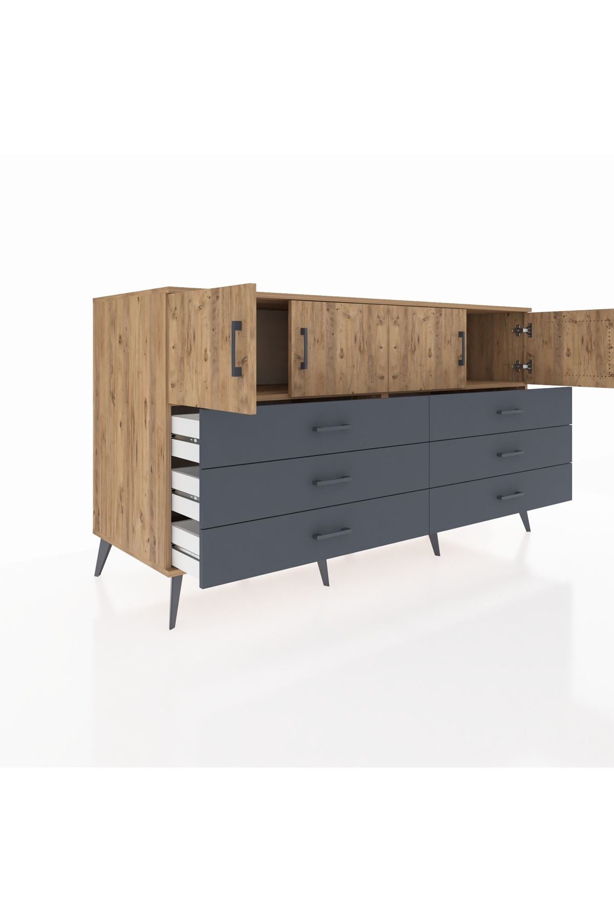 Kronos Konsol 2 Raflı 6 Çekmeceli 4 Kapaklı 176x59x99 Çam-Çam/Antrasit