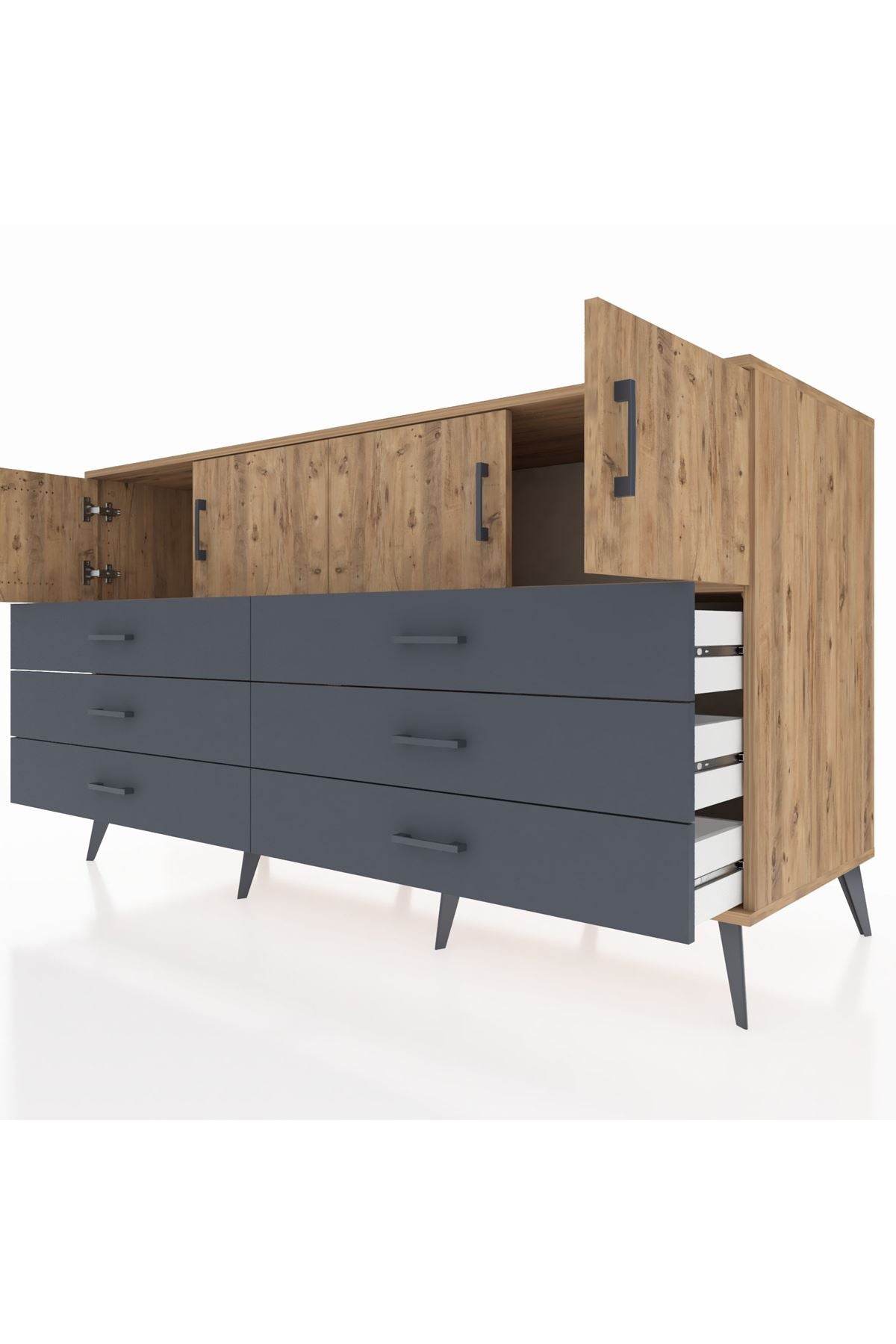 Kronos Konsol 2 Raflı 6 Çekmeceli 4 Kapaklı 176x59x99 Çam-Çam/Antrasit