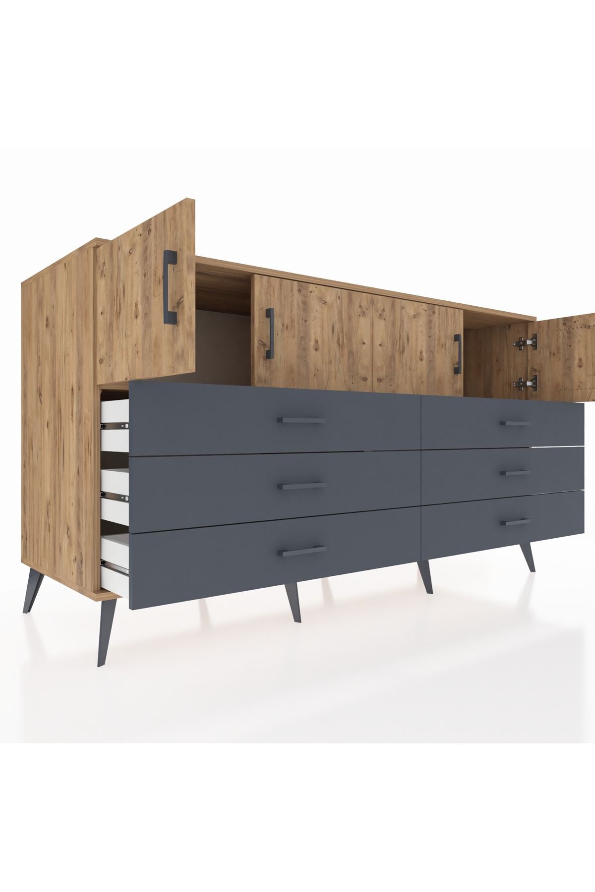 Kronos Konsol 2 Raflı 6 Çekmeceli 4 Kapaklı 176x59x99 Çam-Çam/Antrasit