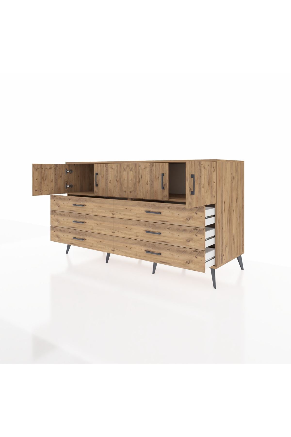 Kronos Konsol 2 Raflı 6 Çekmeceli 4 Kapaklı 176x59x99 Çam-Çam