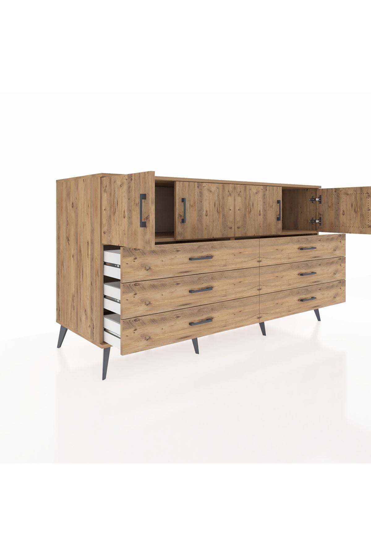 Kronos Konsol 2 Raflı 6 Çekmeceli 4 Kapaklı 176x59x99 Çam-Çam