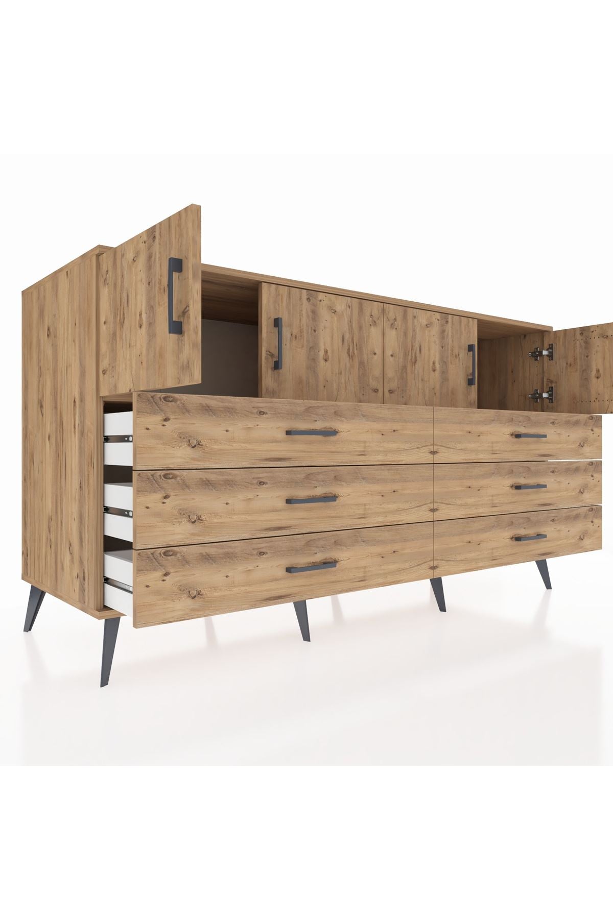 Kronos Konsol 2 Raflı 6 Çekmeceli 4 Kapaklı 176x59x99 Çam-Çam