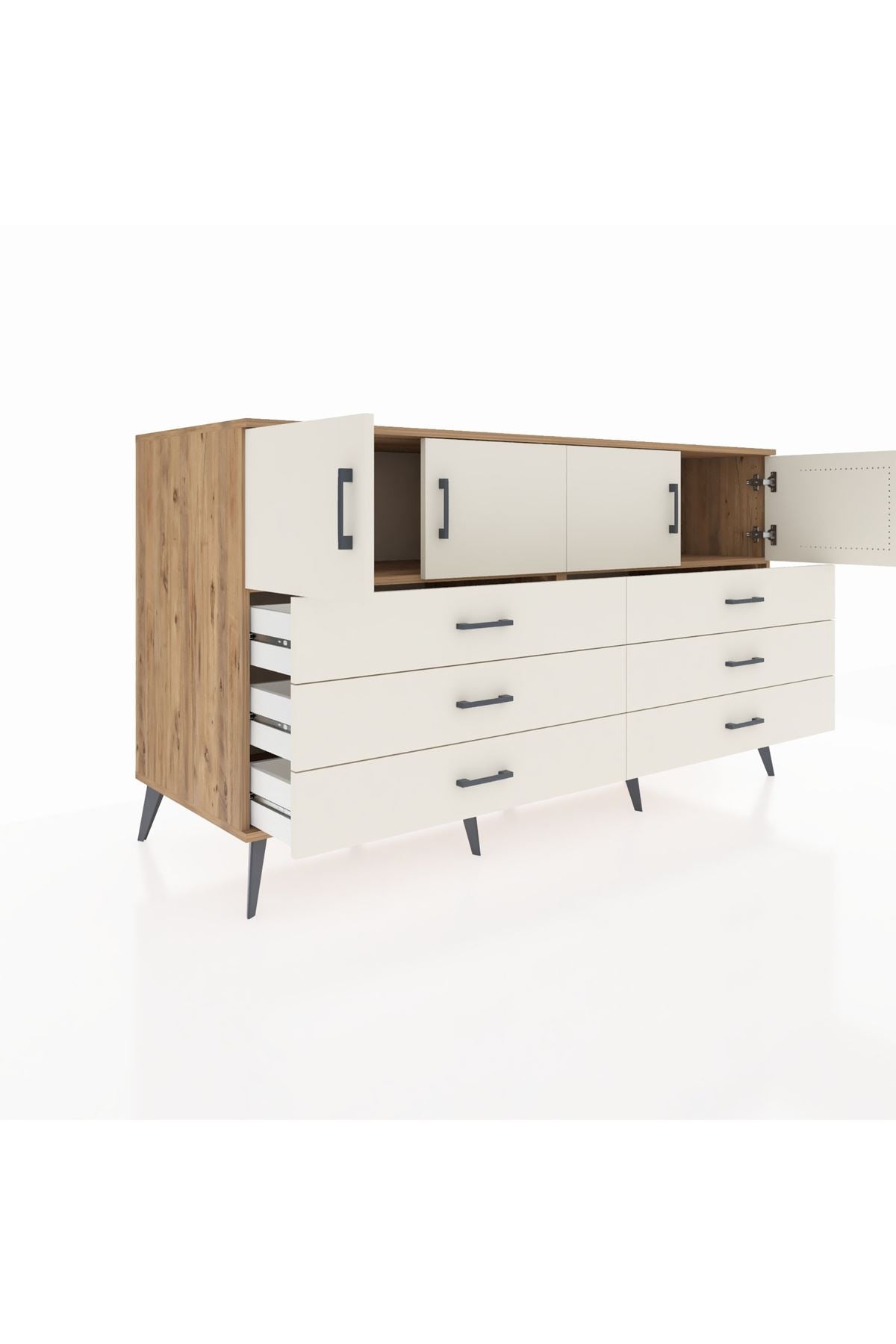 Kronos Konsol 2 Raflı 6 Çekmeceli 4 Kapaklı 176x59x99 Çam-Aytaşı