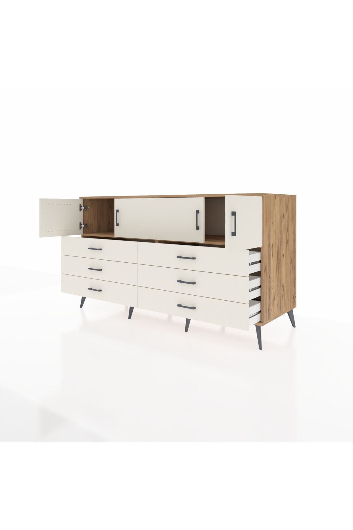 Kronos Konsol 2 Raflı 6 Çekmeceli 4 Kapaklı 176x59x99 Çam-Aytaşı