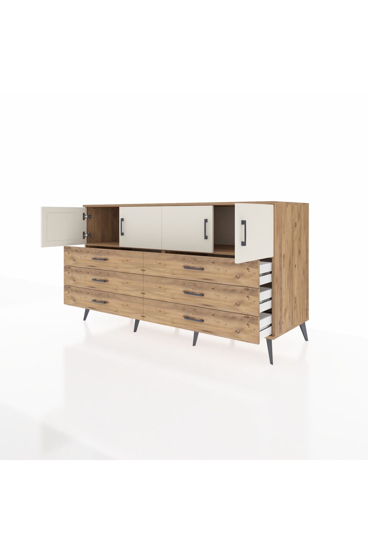 Kronos Konsol 2 Raflı 6 Çekmeceli 4 Kapaklı 176x59x99 Çam-Aytaşı/Çam