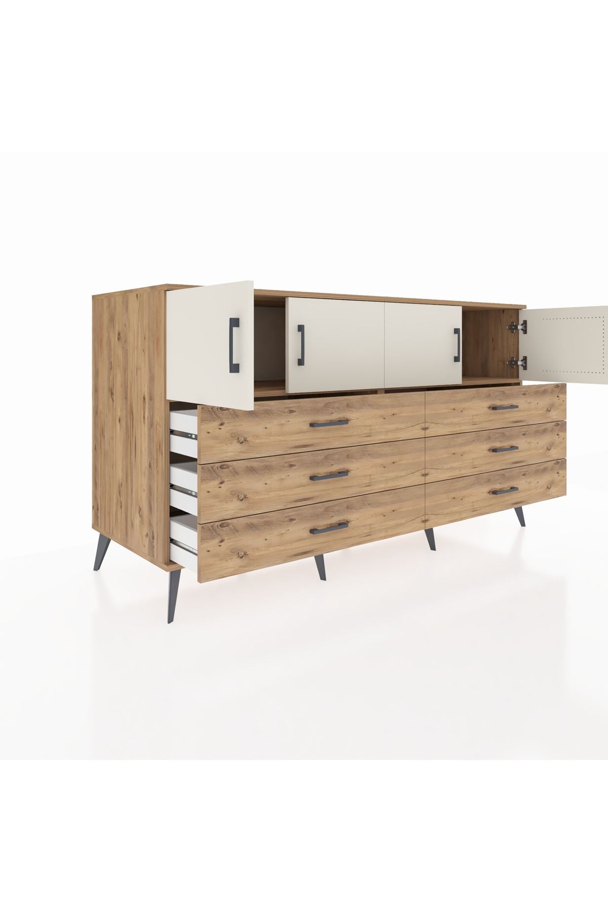 Kronos Konsol 2 Raflı 6 Çekmeceli 4 Kapaklı 176x59x99 Çam-Aytaşı/Çam