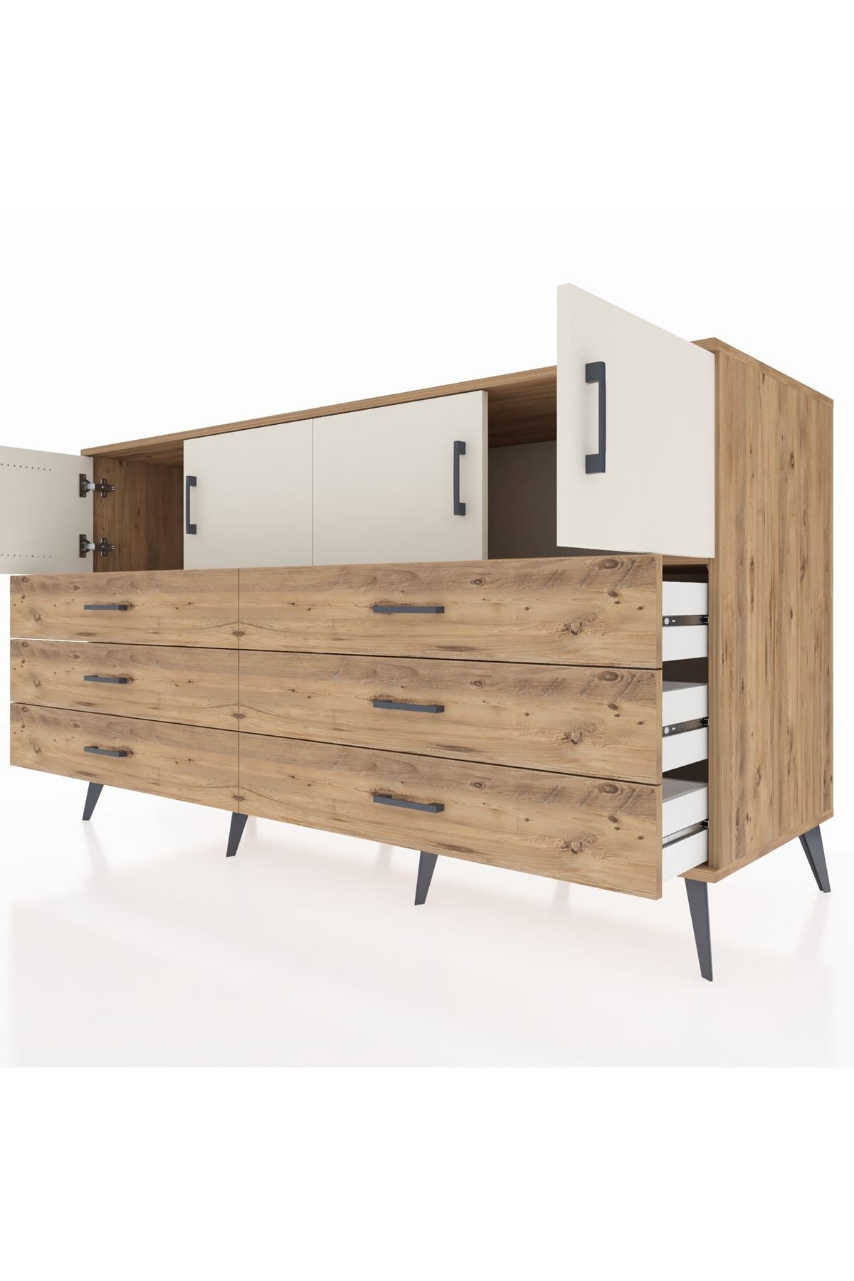 Kronos Konsol 2 Raflı 6 Çekmeceli 4 Kapaklı 176x59x99 Çam-Aytaşı/Çam