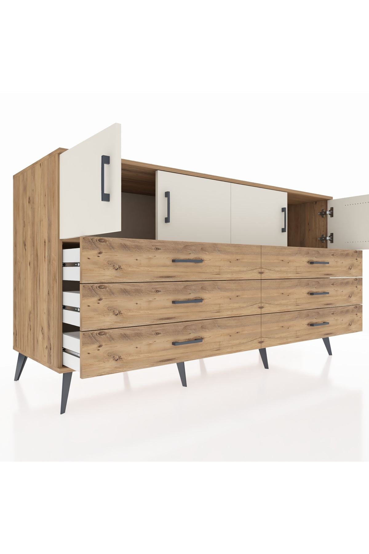 Kronos Konsol 2 Raflı 6 Çekmeceli 4 Kapaklı 176x59x99 Çam-Aytaşı/Çam