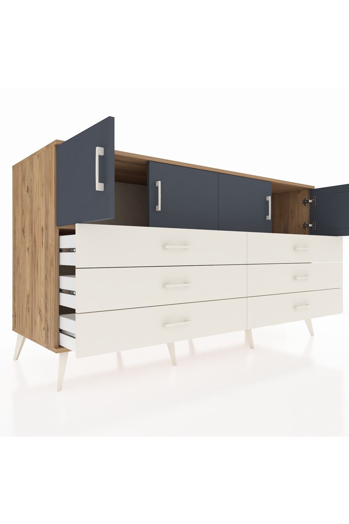 Kronos Konsol 2 Raflı 6 Çekmeceli 4 Kapaklı 176x59x99 Çam-Antrasit/Aytaşı