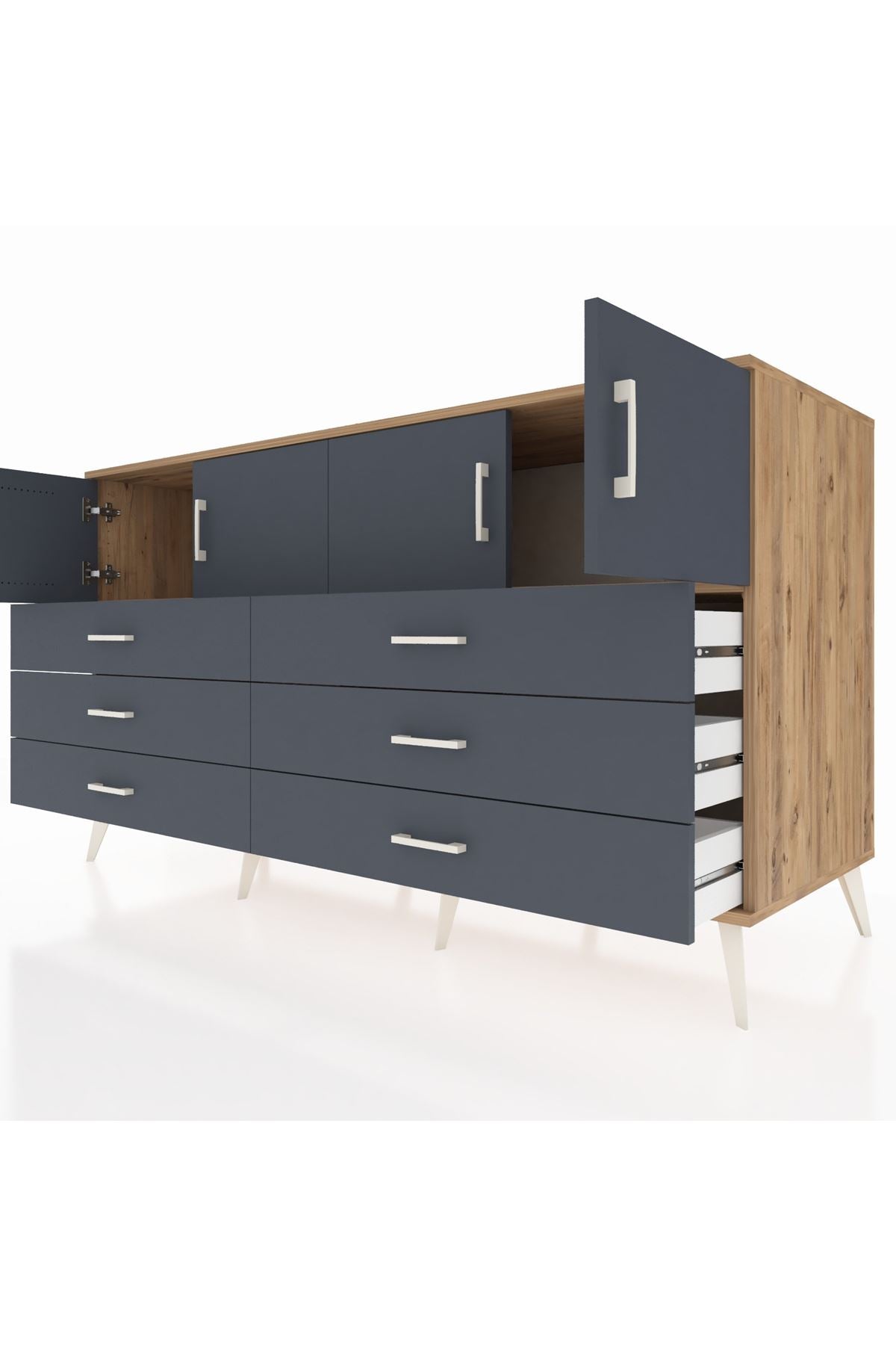 Kronos Konsol 2 Raflı 6 Çekmeceli 4 Kapaklı 176x59x99 Çam-Antrasit