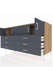 Kronos Konsol 2 Raflı 6 Çekmeceli 4 Kapaklı 176x59x99 Çam-Antrasit