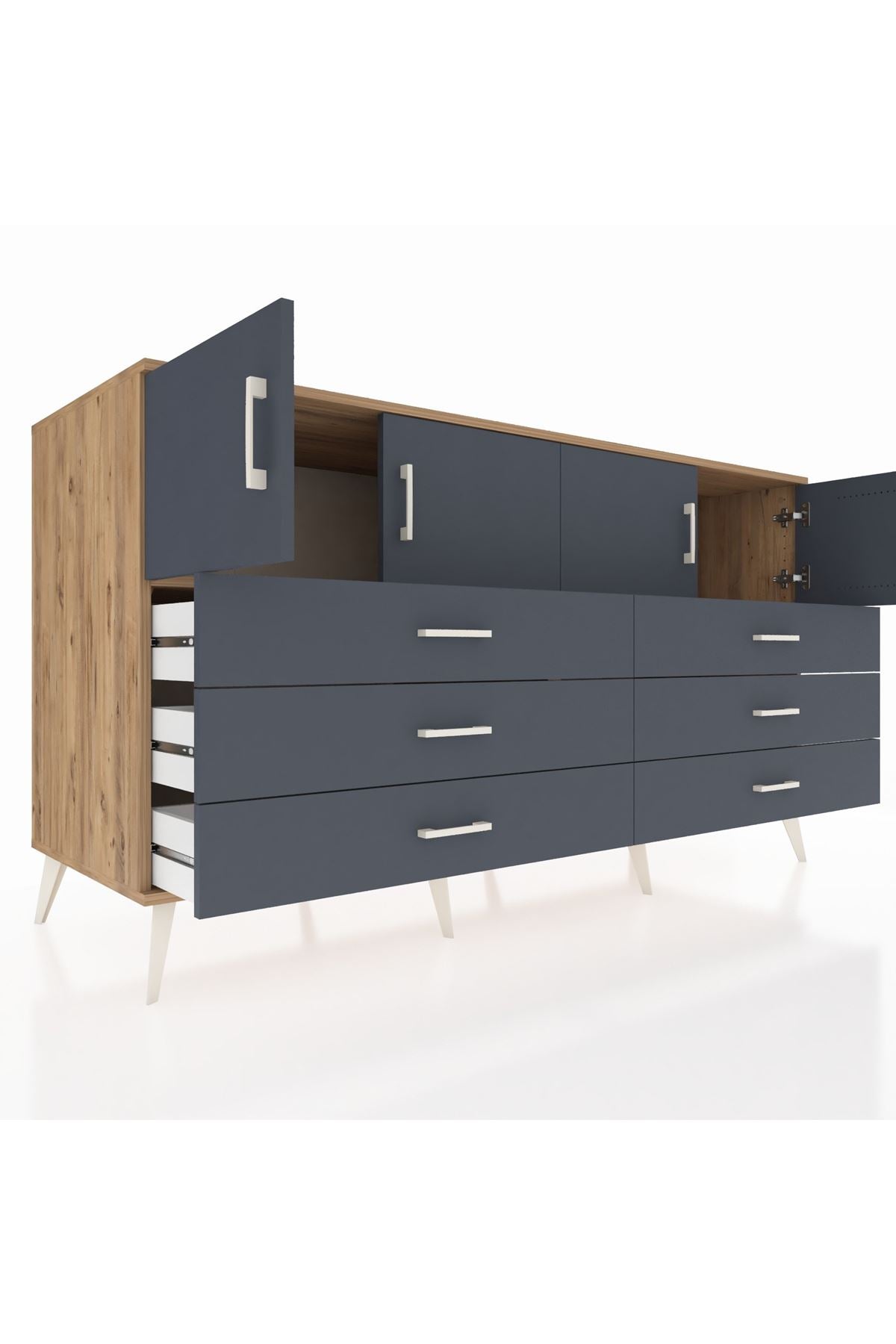 Kronos Konsol 2 Raflı 6 Çekmeceli 4 Kapaklı 176x59x99 Çam-Antrasit