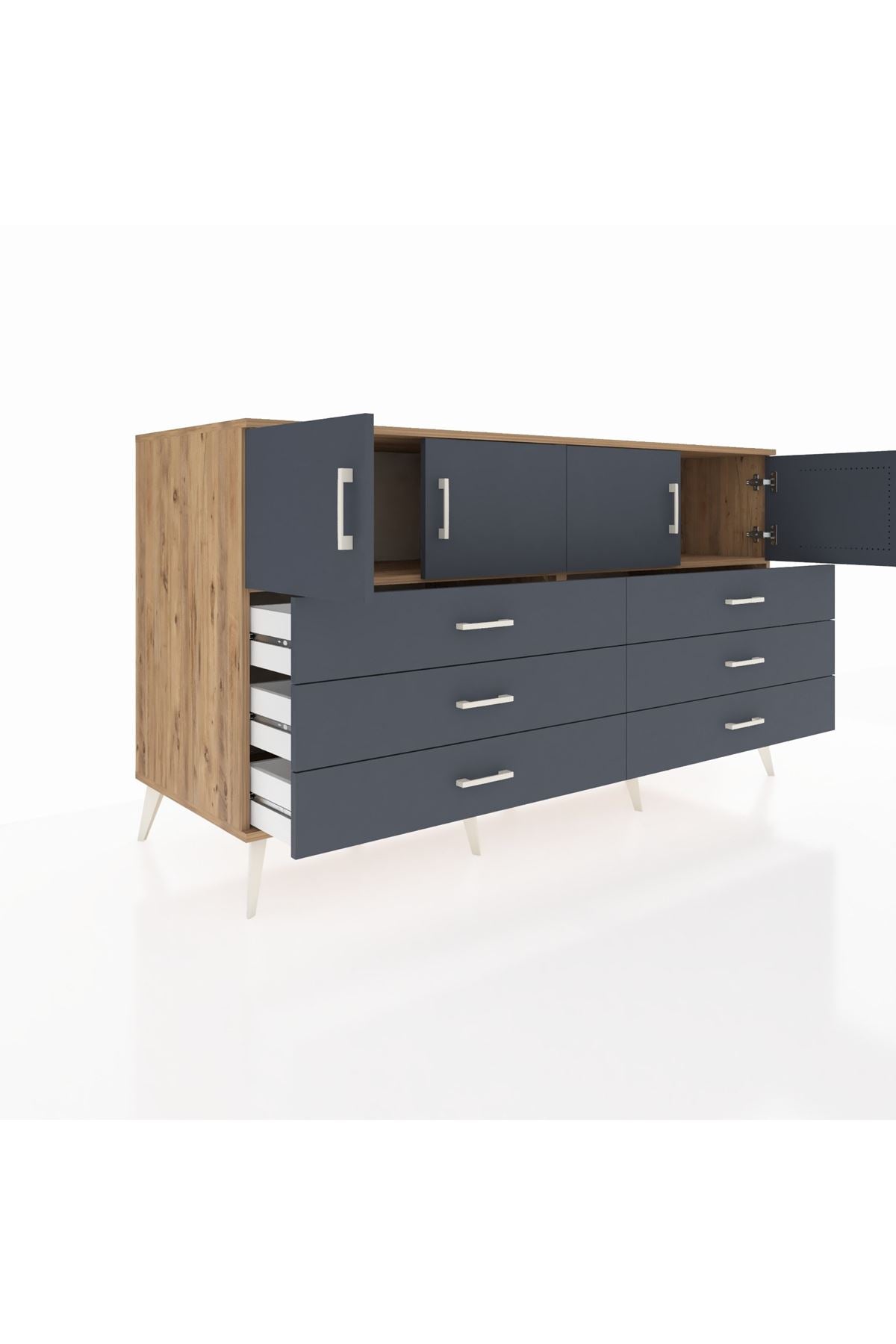 Kronos Konsol 2 Raflı 6 Çekmeceli 4 Kapaklı 176x59x99 Çam-Antrasit