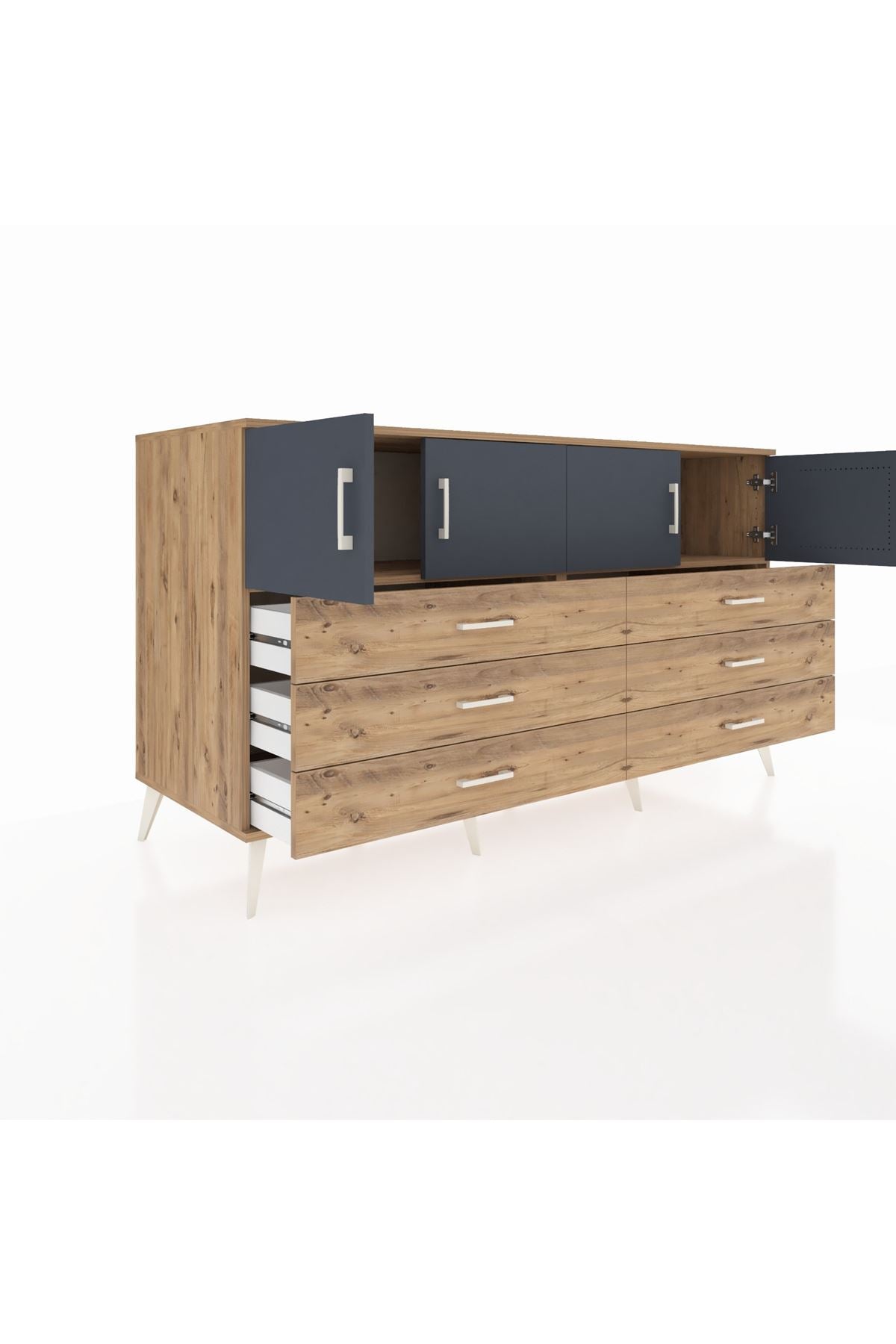 Kronos Konsol 2 Raflı 6 Çekmeceli 4 Kapaklı 176x59x99 Çam-Antrasit/Çam