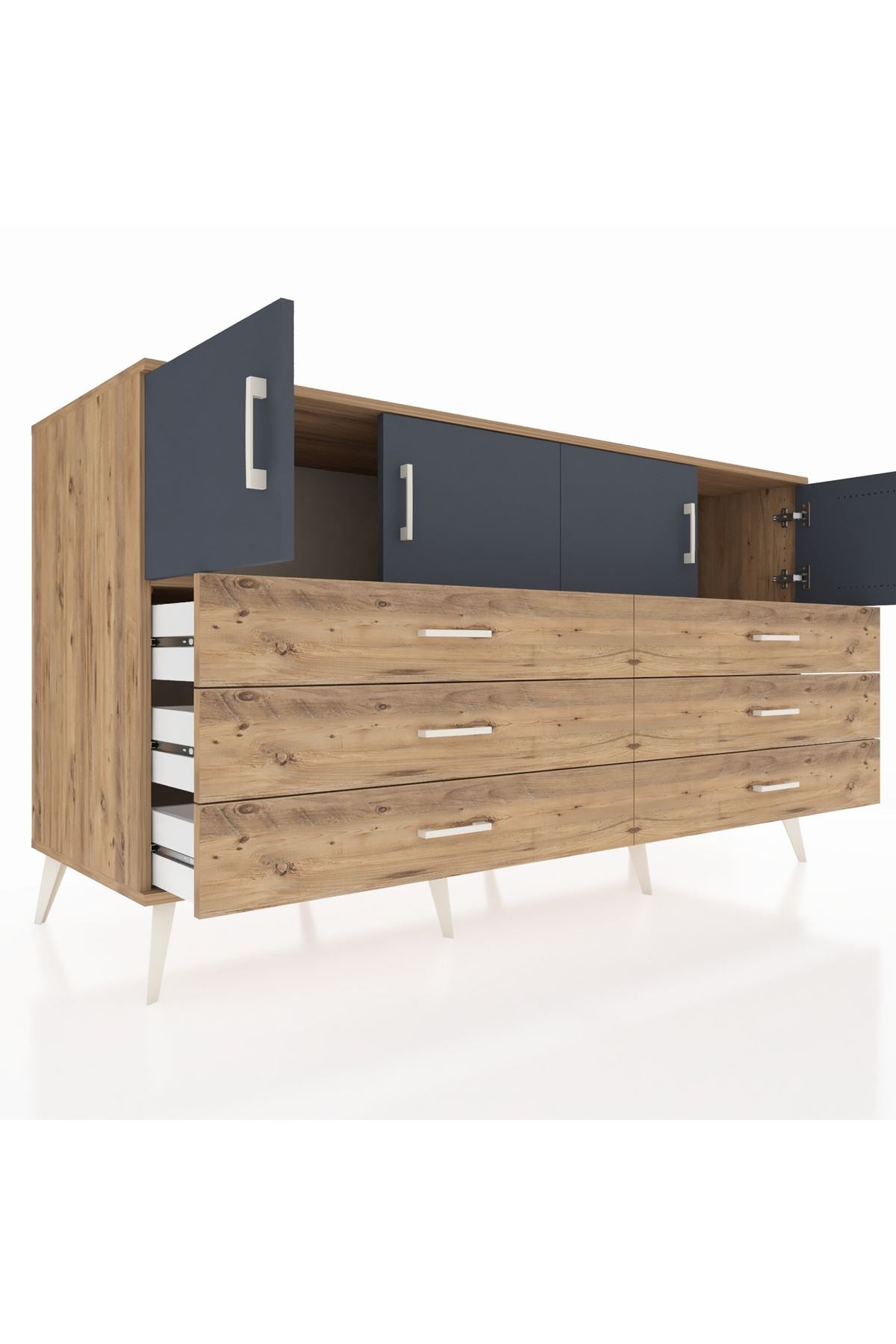 Kronos Konsol 2 Raflı 6 Çekmeceli 4 Kapaklı 176x59x99 Çam-Antrasit/Çam