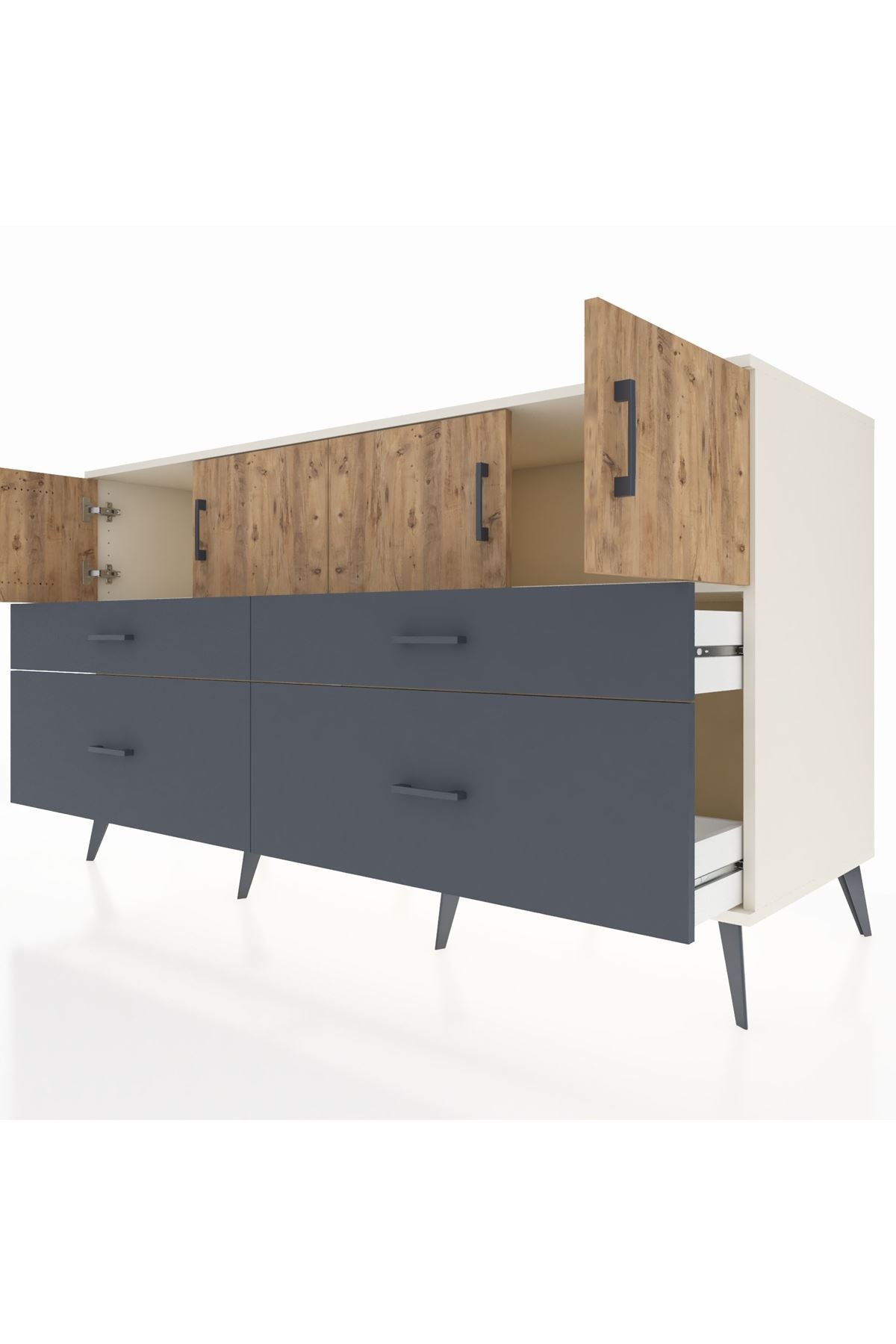 Kronos Konsol 2 Raflı 4 Çekmeceli 4 Kapaklı 176x59x99 Aytaşı-Çam/Antrasit