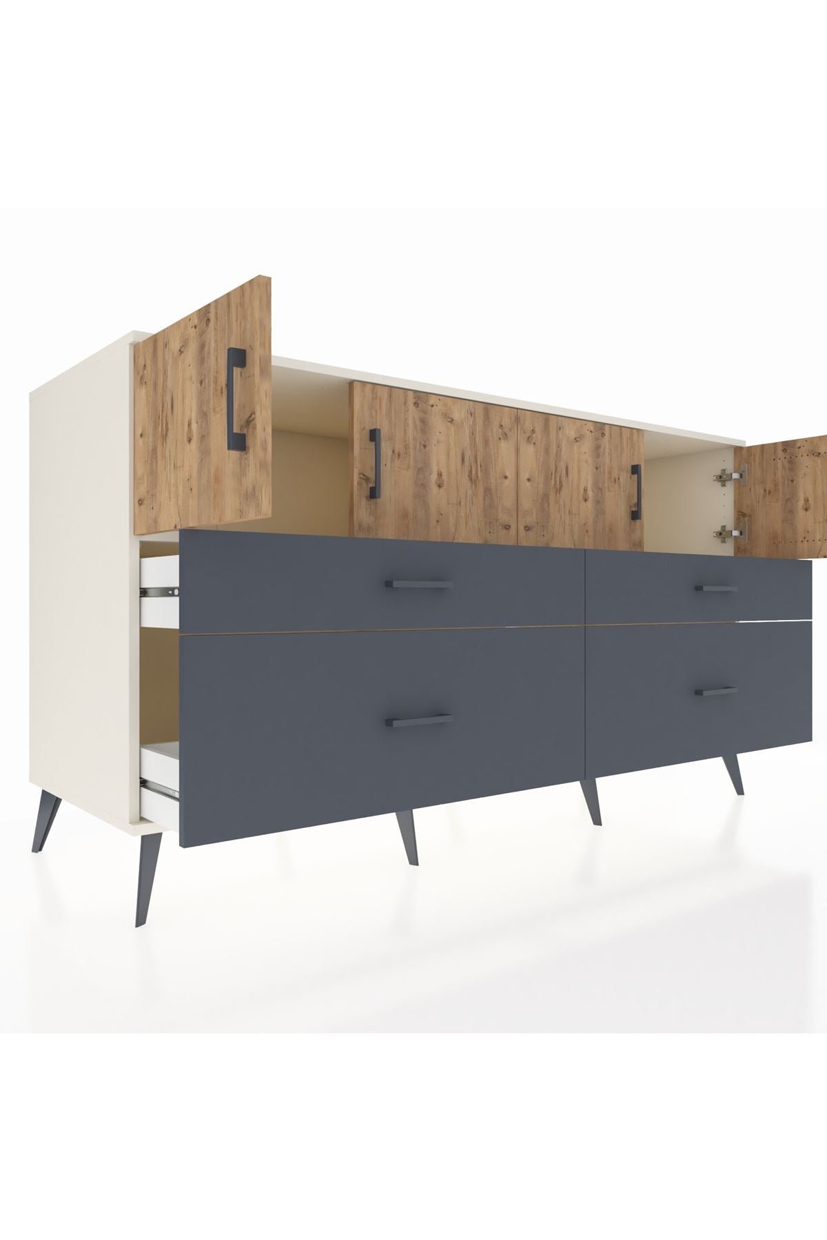 Kronos Konsol 2 Raflı 4 Çekmeceli 4 Kapaklı 176x59x99 Aytaşı-Çam/Antrasit