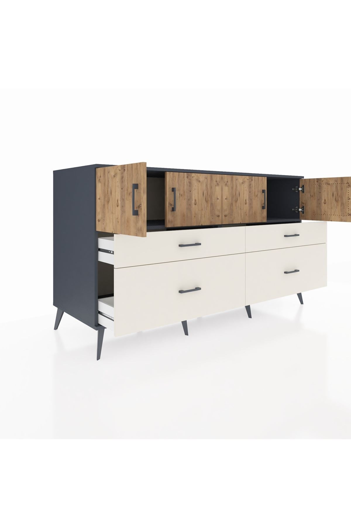 Kronos Konsol 2 Raflı 4 Çekmeceli 4 Kapaklı 176x59x99 Antrasit-Çam/Aytaşı