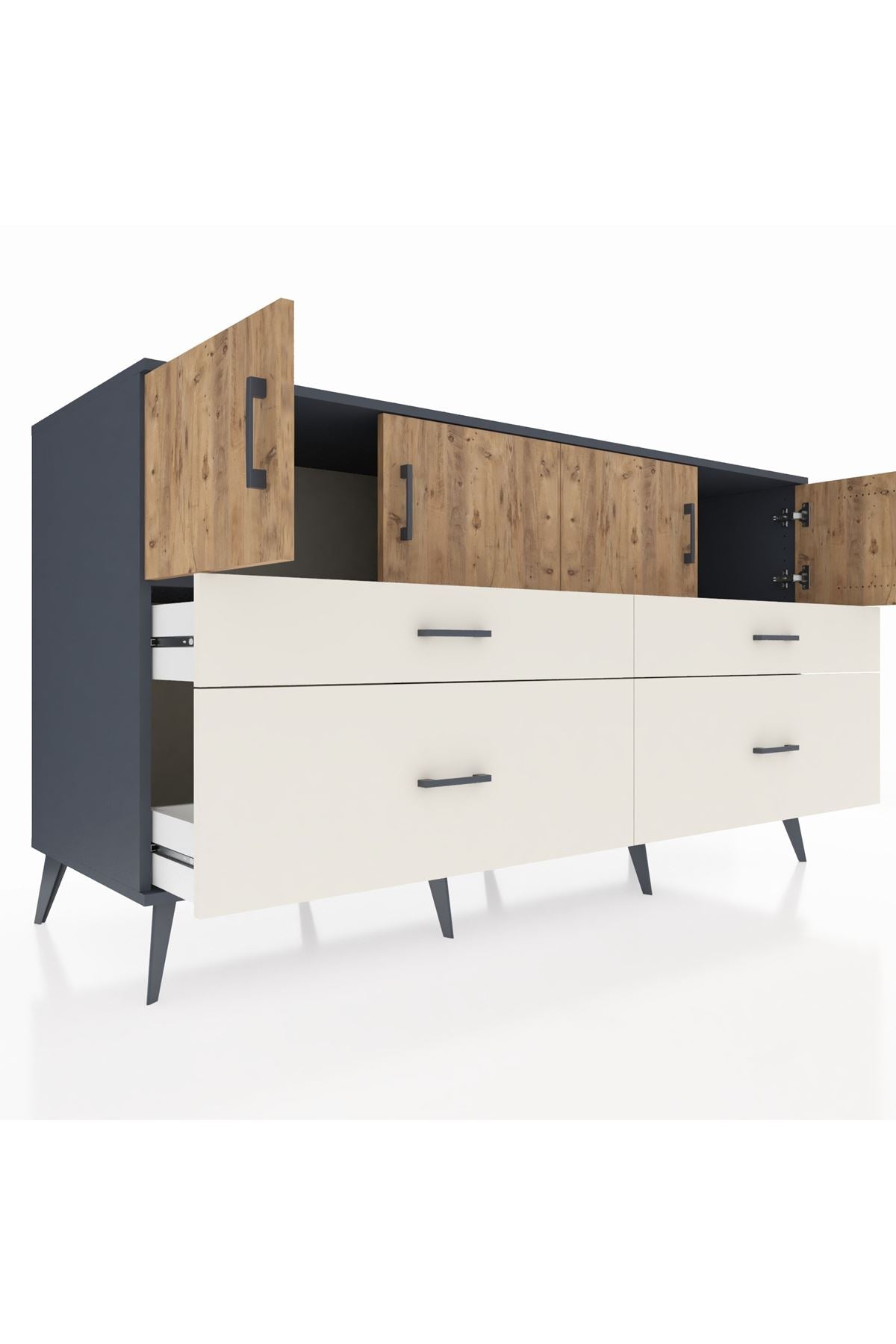 Kronos Konsol 2 Raflı 4 Çekmeceli 4 Kapaklı 176x59x99 Antrasit-Çam/Aytaşı