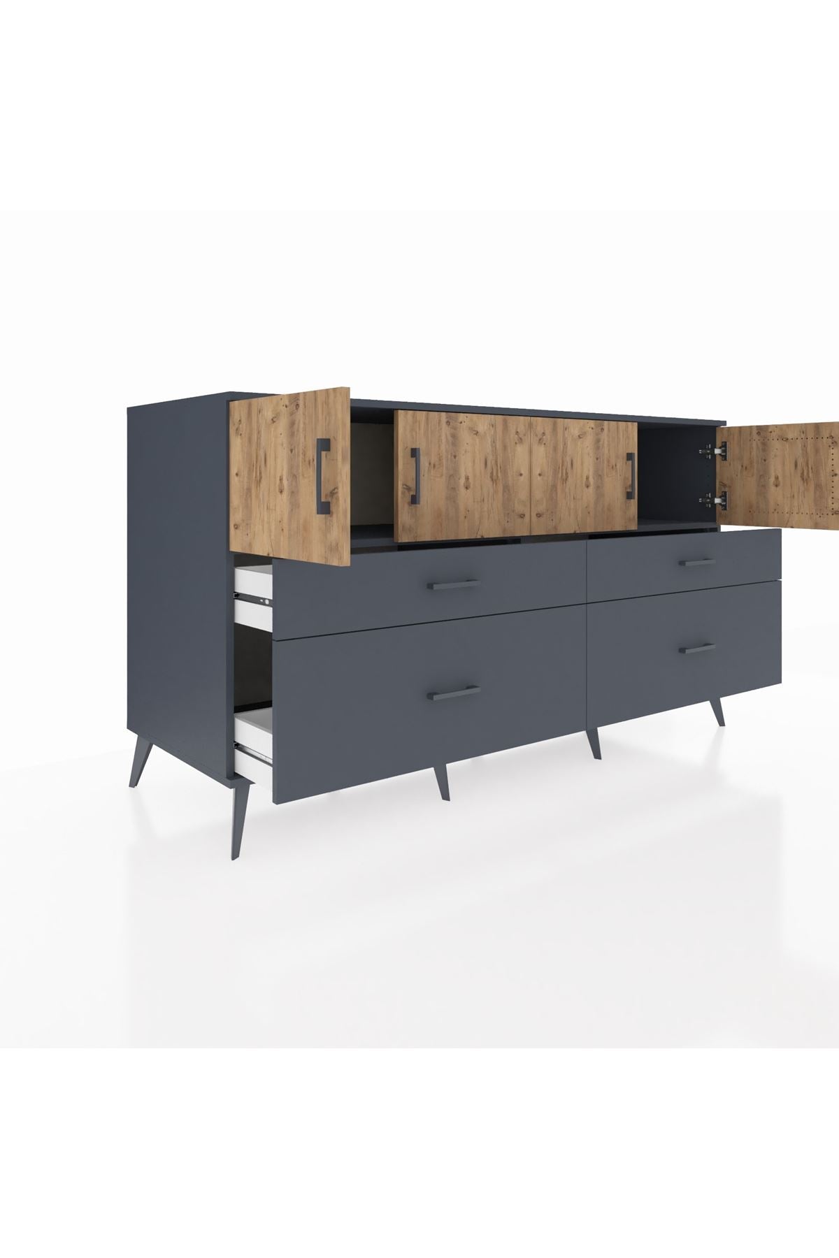 Kronos Konsol 2 Raflı 4 Çekmeceli 4 Kapaklı 176x59x99 Antrasit-Çam/Antrasit