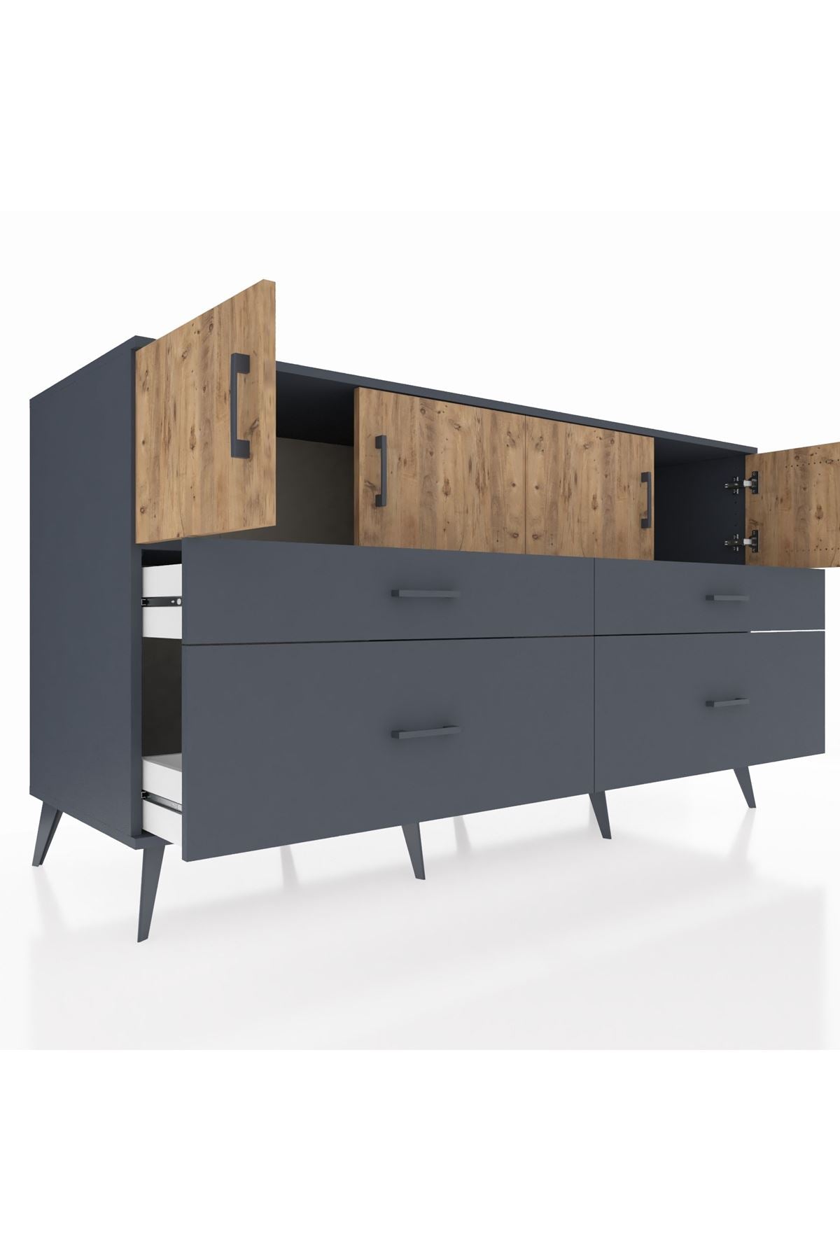 Kronos Konsol 2 Raflı 4 Çekmeceli 4 Kapaklı 176x59x99 Antrasit-Çam/Antrasit