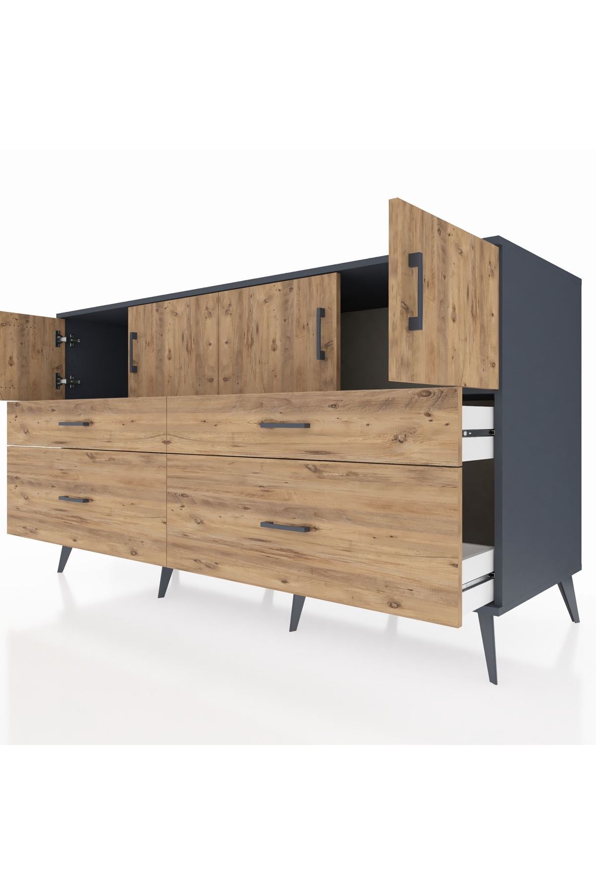 Kronos Konsol 2 Raflı 4 Çekmeceli 4 Kapaklı 176x59x99 Antrasit-Çam