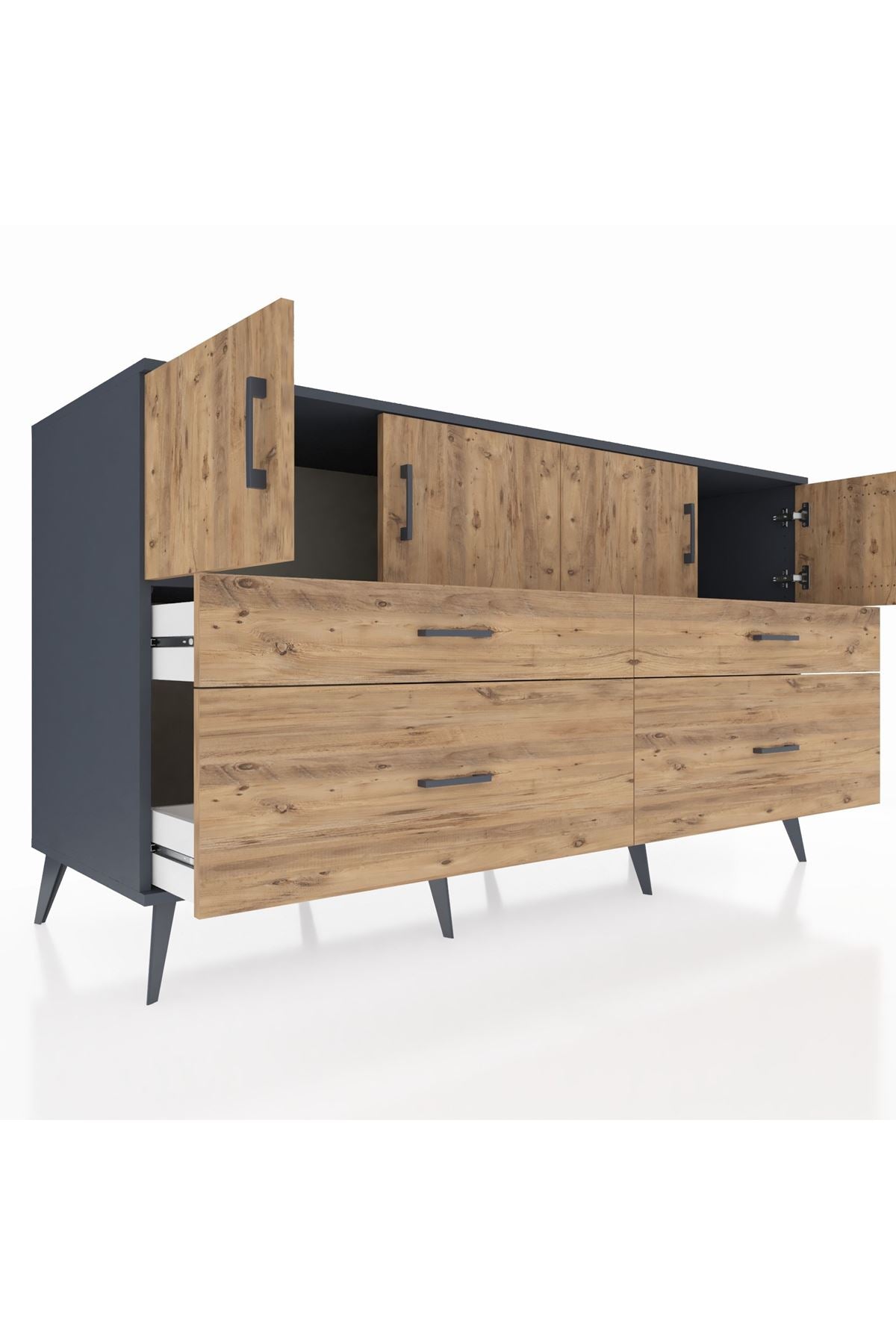 Kronos Konsol 2 Raflı 4 Çekmeceli 4 Kapaklı 176x59x99 Antrasit-Çam