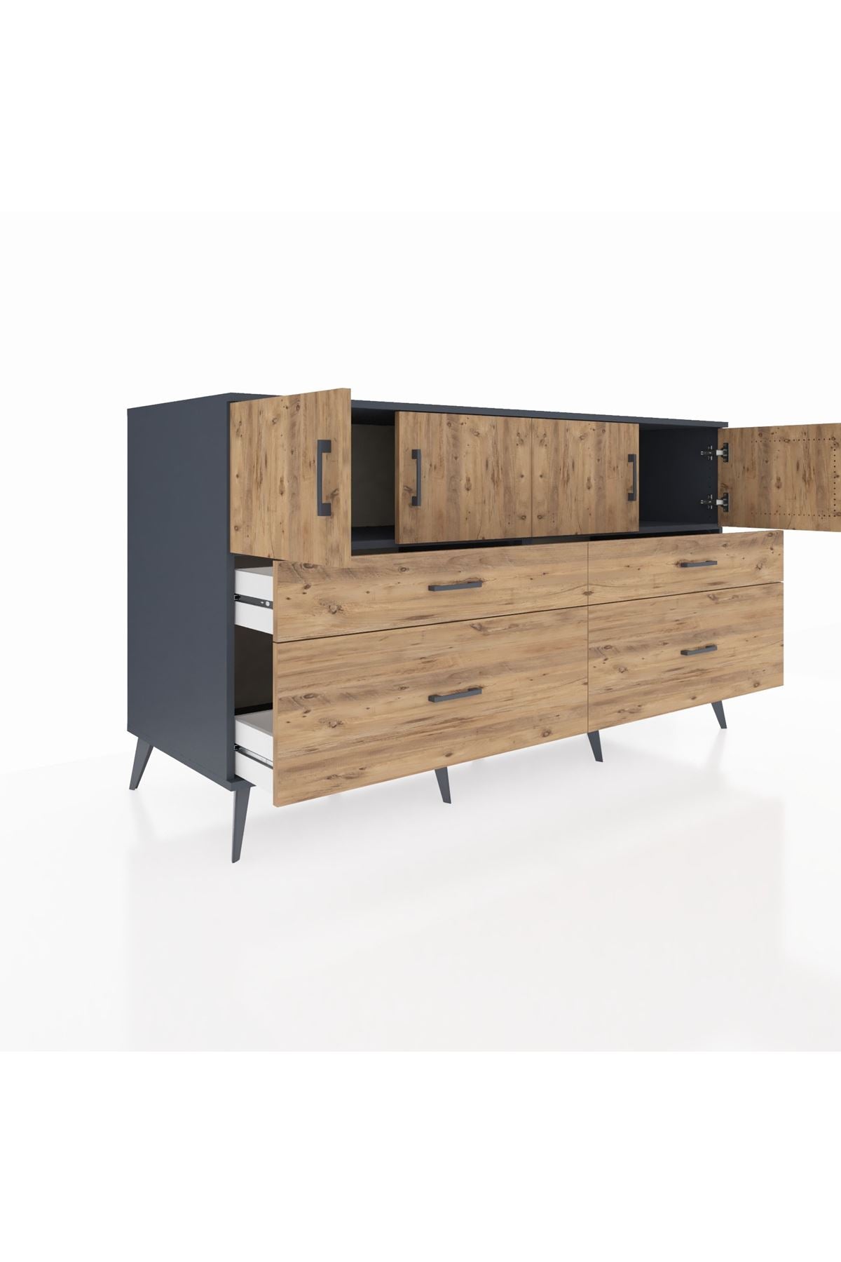 Kronos Konsol 2 Raflı 4 Çekmeceli 4 Kapaklı 176x59x99 Antrasit-Çam