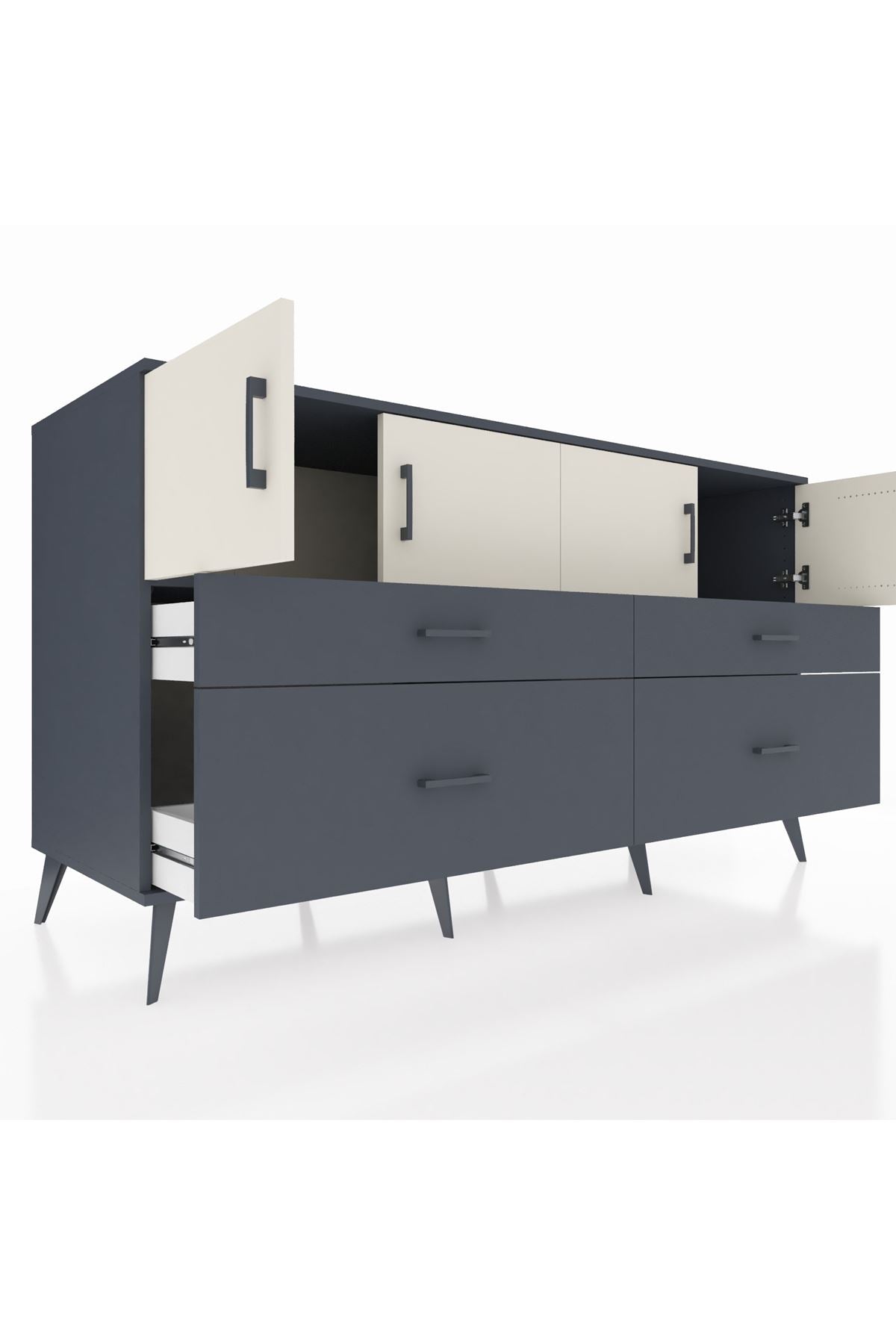 Kronos Konsol 2 Raflı 4 Çekmeceli 4 Kapaklı 176x59x99 Antrasit-Aytaşı/Antrasit