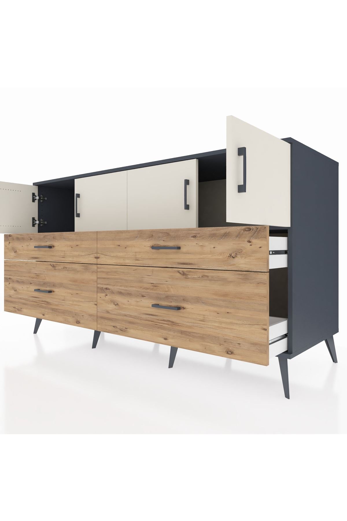 Kronos Konsol 2 Raflı 4 Çekmeceli 4 Kapaklı 176x59x99 Antrasit-Aytaşı/Çam