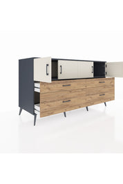 Kronos Konsol 2 Raflı 4 Çekmeceli 4 Kapaklı 176x59x99 Antrasit-Aytaşı/Çam