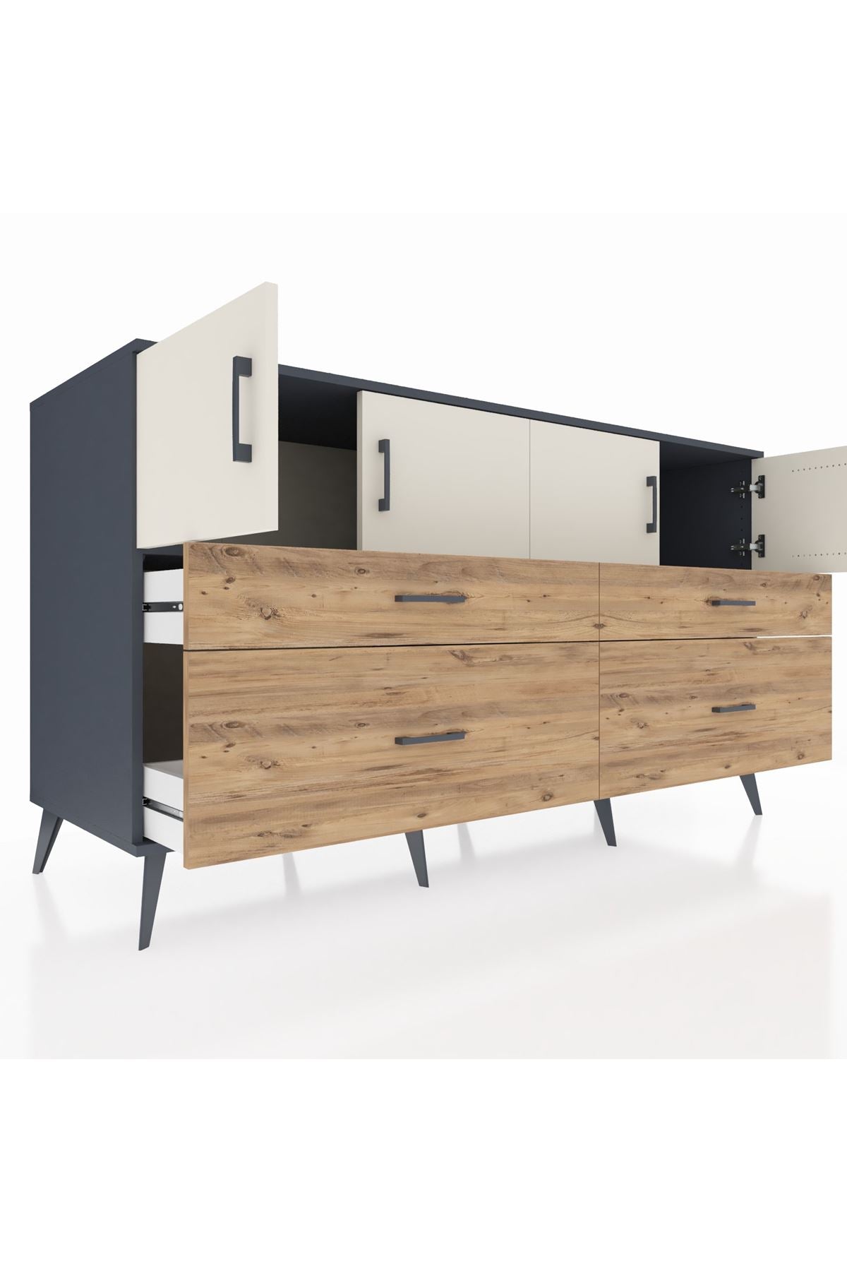 Kronos Konsol 2 Raflı 4 Çekmeceli 4 Kapaklı 176x59x99 Antrasit-Aytaşı/Çam