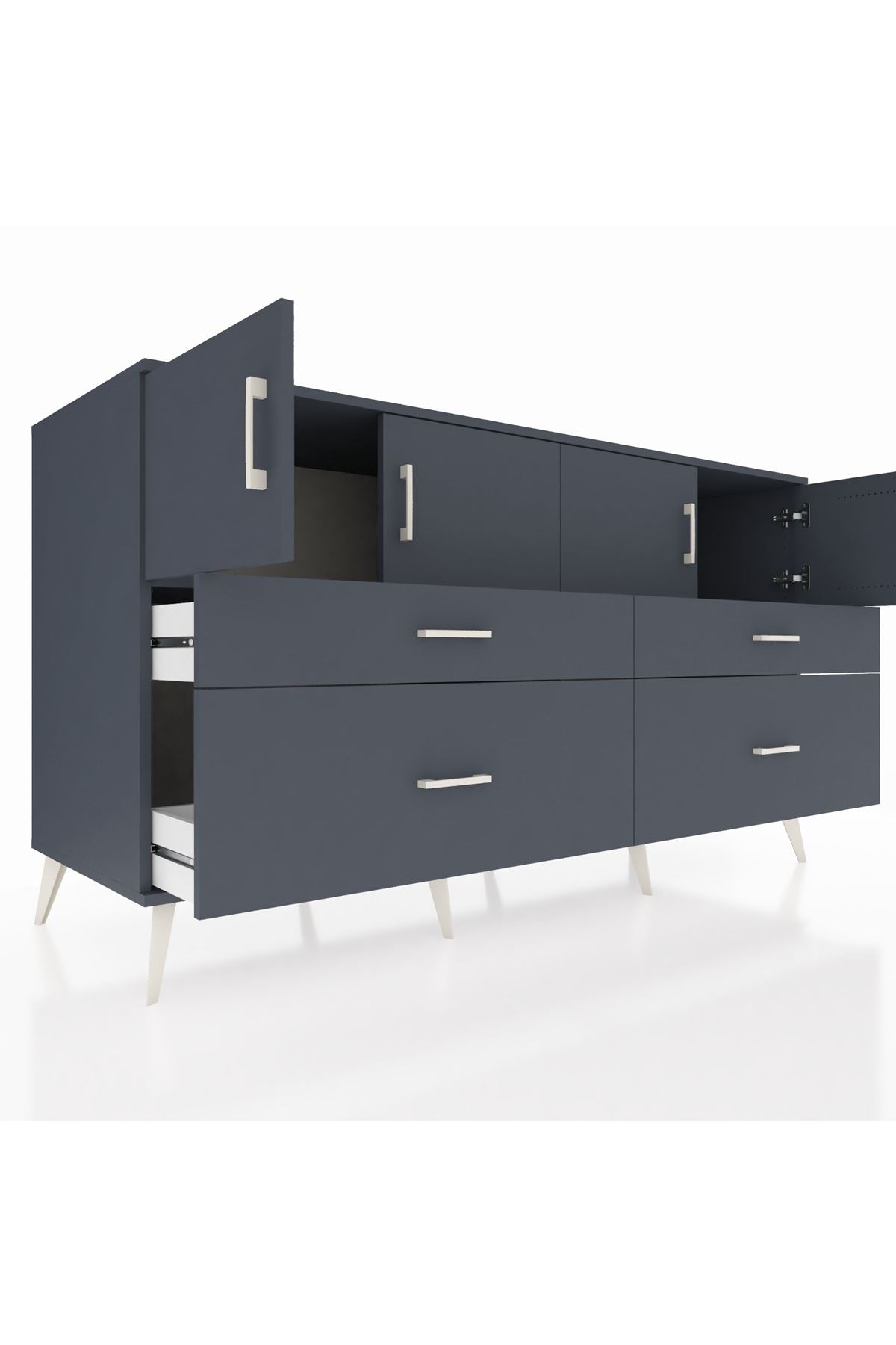 Kronos Konsol 2 Raflı 4 Çekmeceli 4 Kapaklı 176x59x99 Antrasit-Antrasit