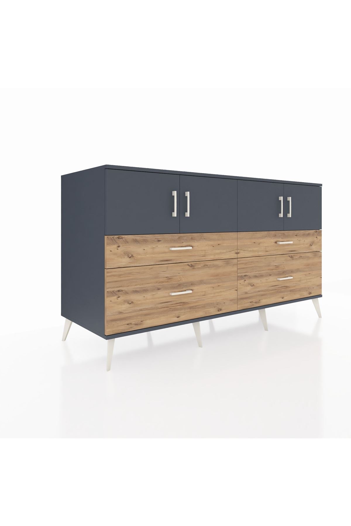 Kronos Konsol 2 Raflı 4 Çekmeceli 4 Kapaklı 176x59x99 Antrasit-Antrasit/Çam