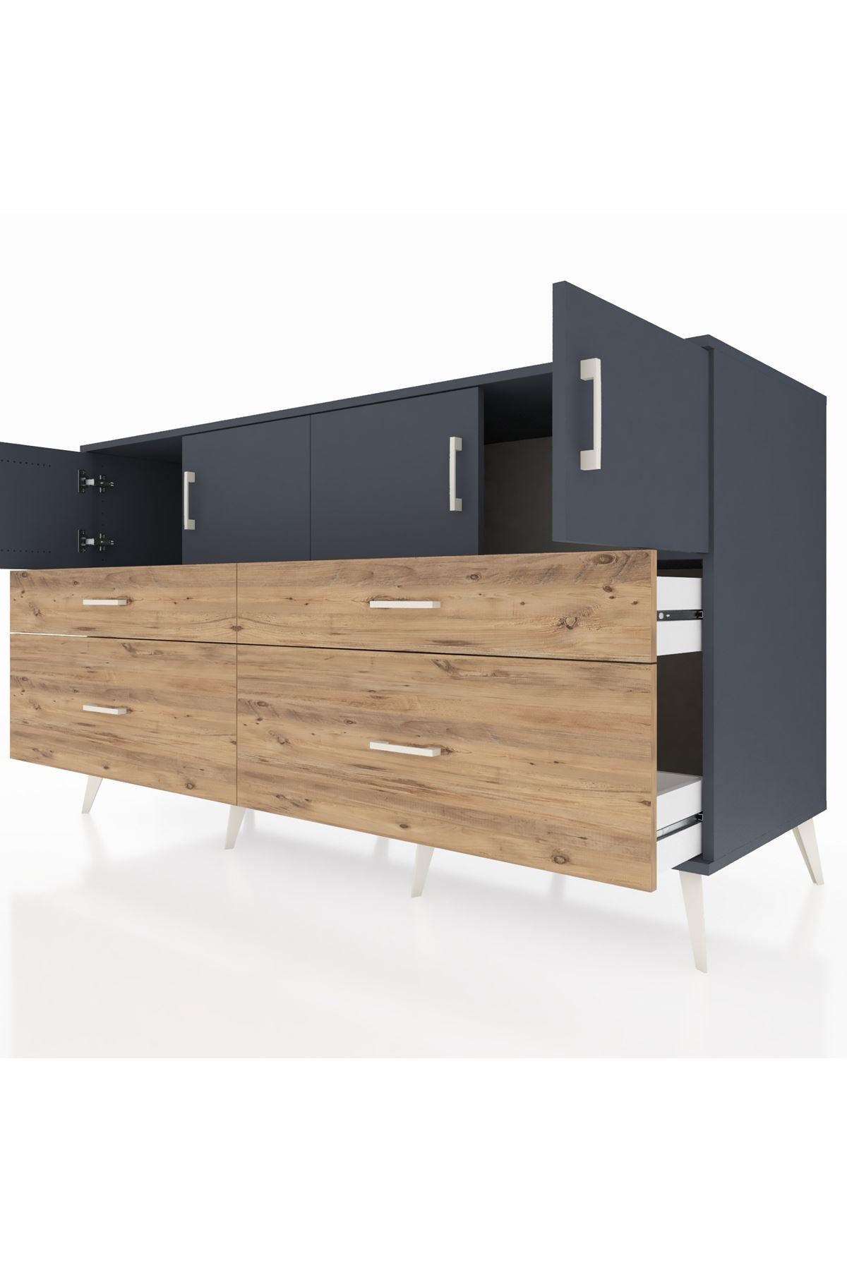 Kronos Konsol 2 Raflı 4 Çekmeceli 4 Kapaklı 176x59x99 Antrasit-Antrasit/Çam