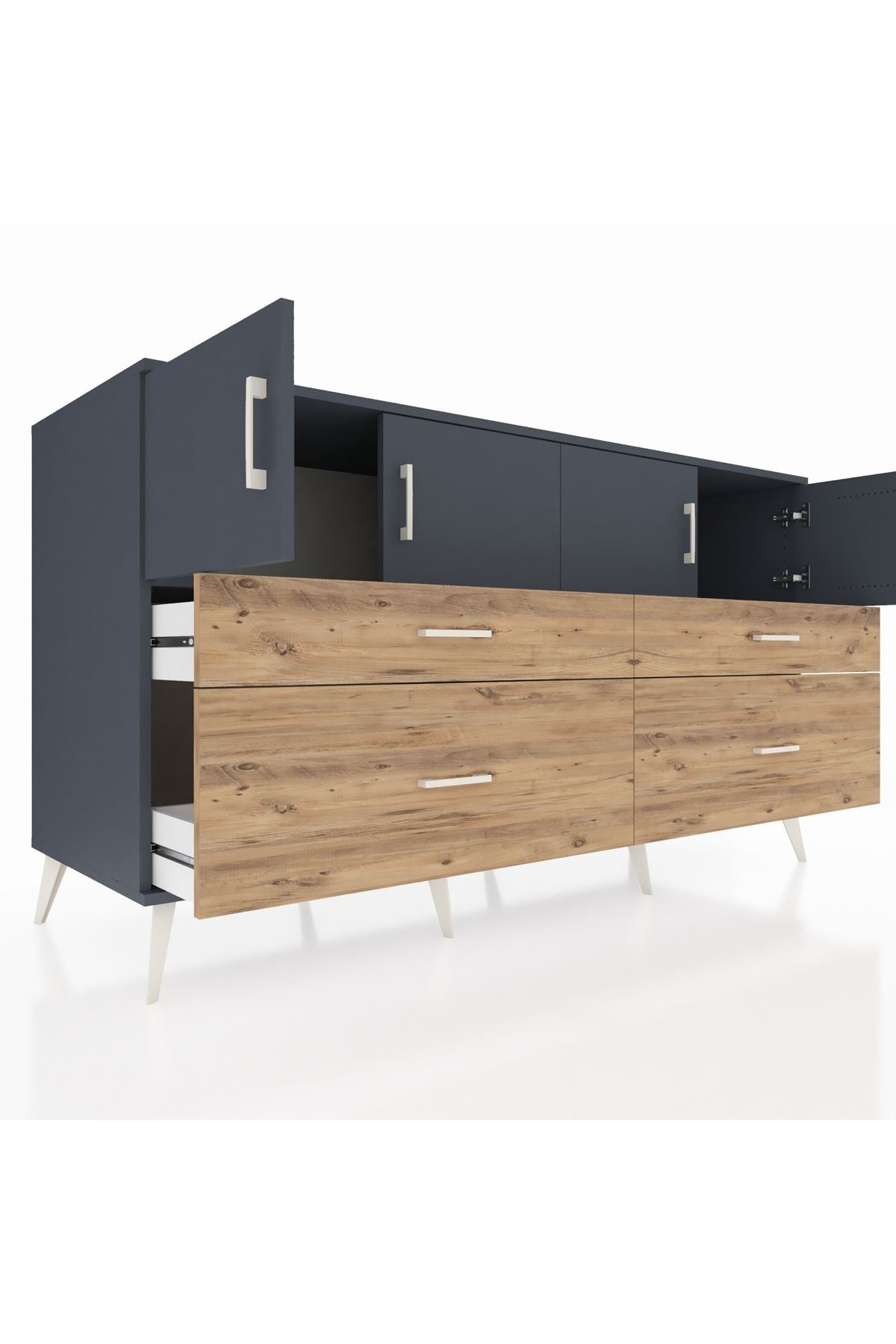 Kronos Konsol 2 Raflı 4 Çekmeceli 4 Kapaklı 176x59x99 Antrasit-Antrasit/Çam