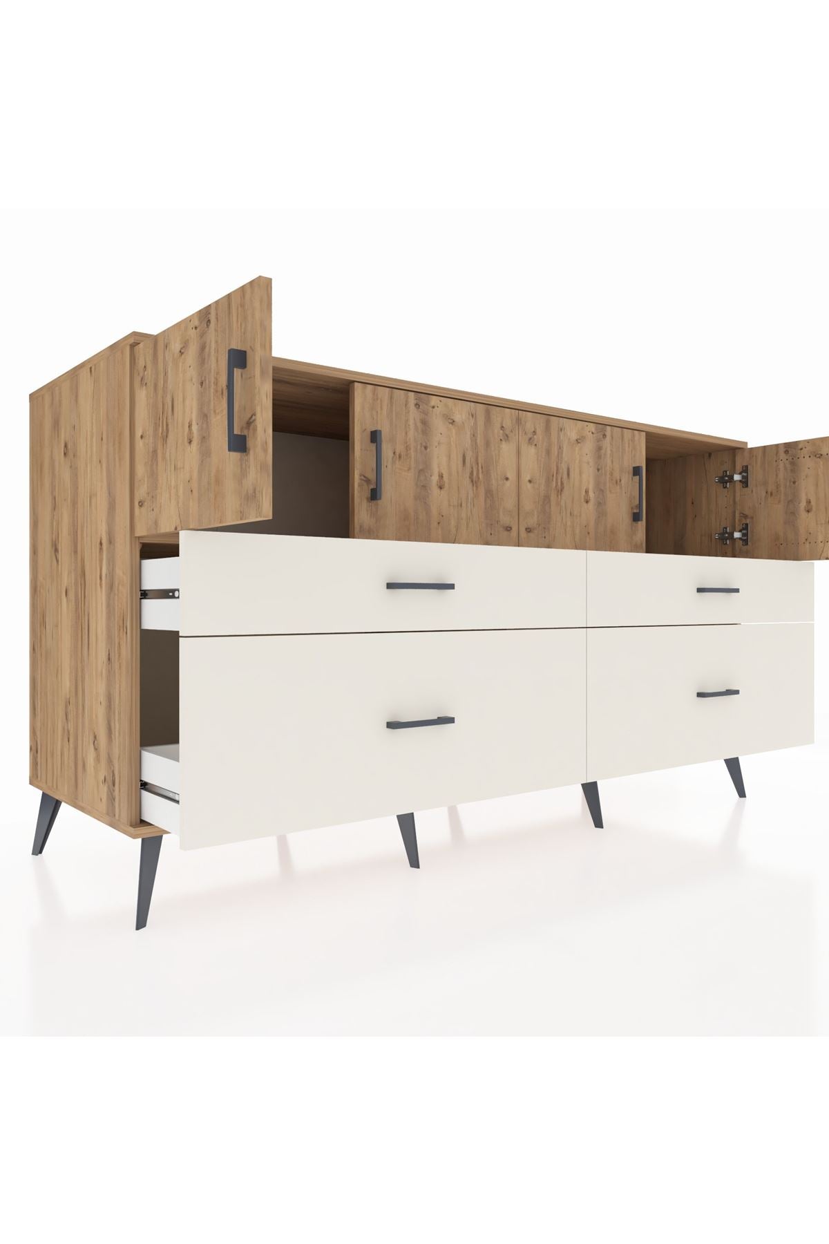 Kronos Konsol 2 Raflı 4 Çekmeceli 4 Kapaklı 176x59x99 Çam-Çam/Aytaşı