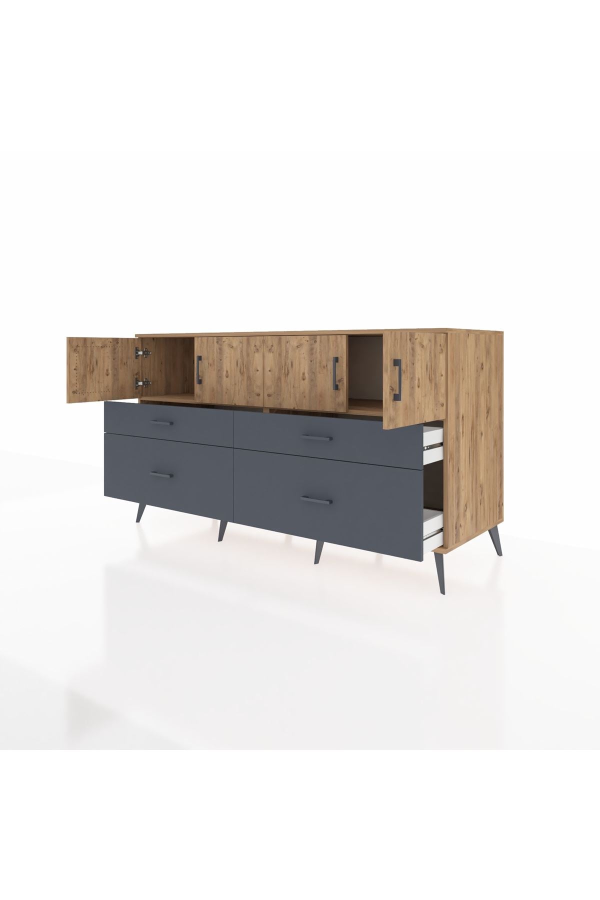 Kronos Konsol 2 Raflı 4 Çekmeceli 4 Kapaklı 176x59x99 Çam-Çam/Antrasit