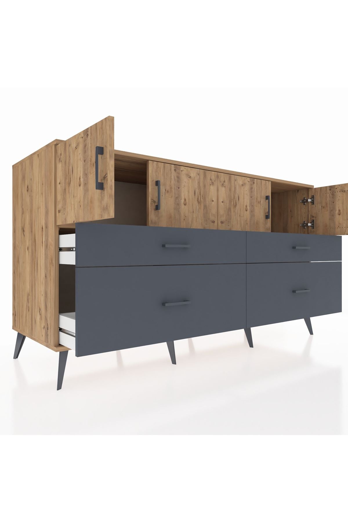 Kronos Konsol 2 Raflı 4 Çekmeceli 4 Kapaklı 176x59x99 Çam-Çam/Antrasit