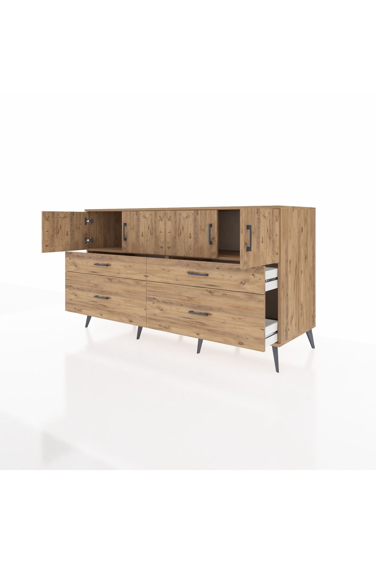 Kronos Konsol 2 Raflı 4 Çekmeceli 4 Kapaklı 176x59x99 Çam-Çam