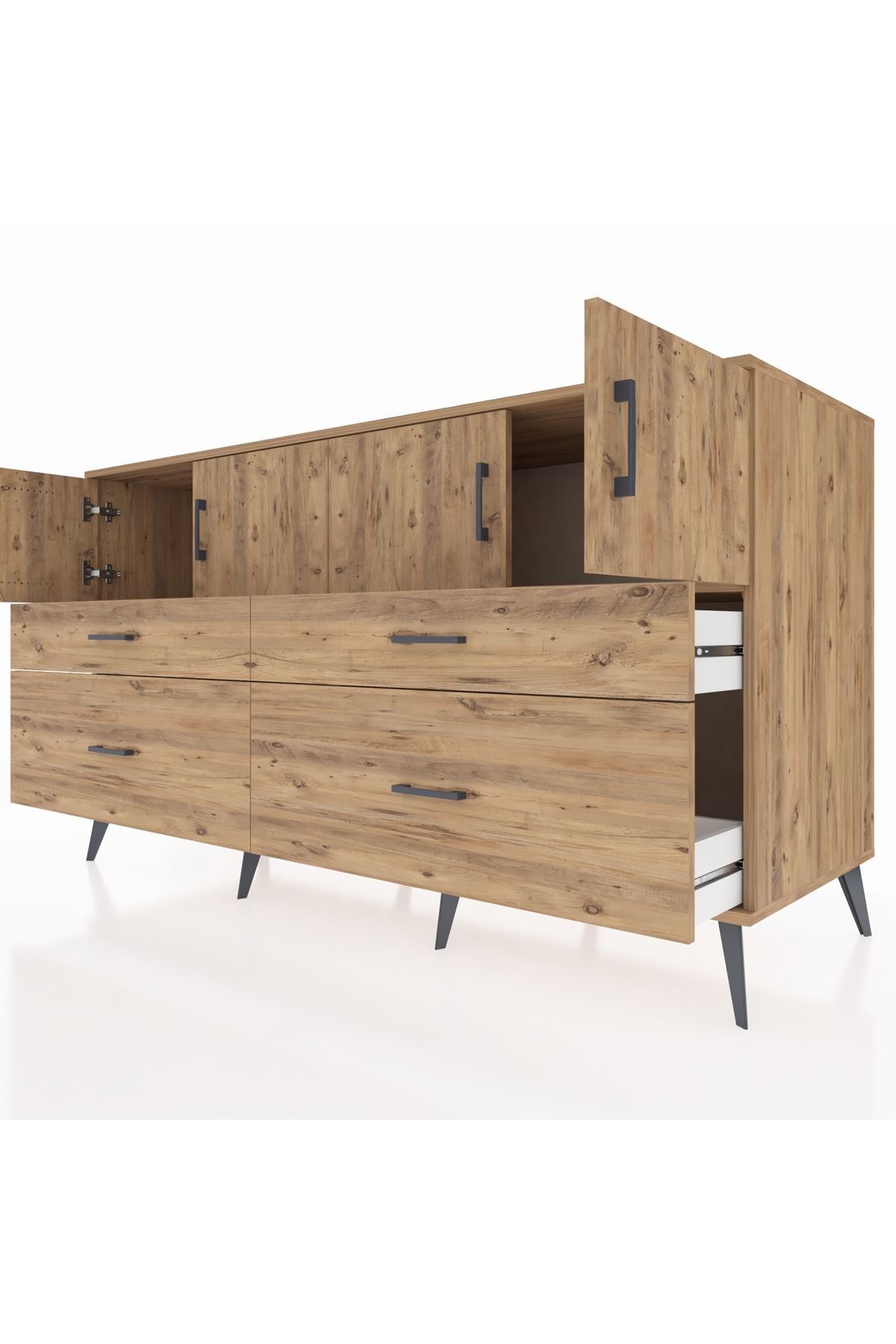 Kronos Konsol 2 Raflı 4 Çekmeceli 4 Kapaklı 176x59x99 Çam-Çam