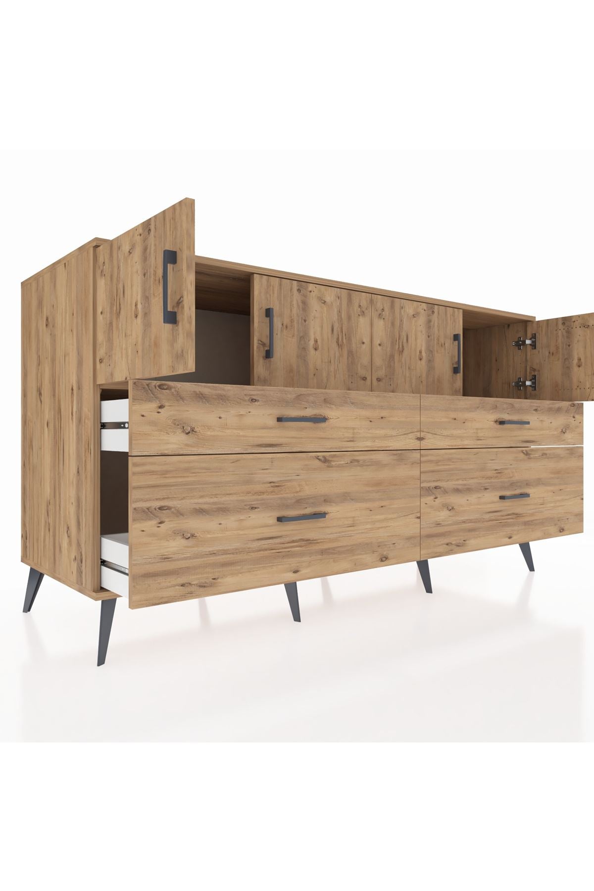 Kronos Konsol 2 Raflı 4 Çekmeceli 4 Kapaklı 176x59x99 Çam-Çam