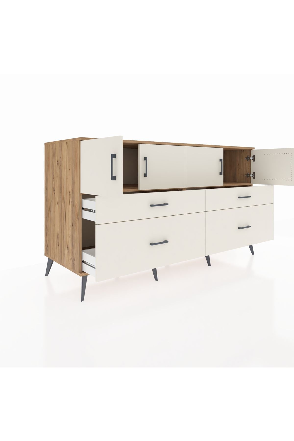 Kronos Konsol 2 Raflı 4 Çekmeceli 4 Kapaklı 176x59x99 Çam-Aytaşı