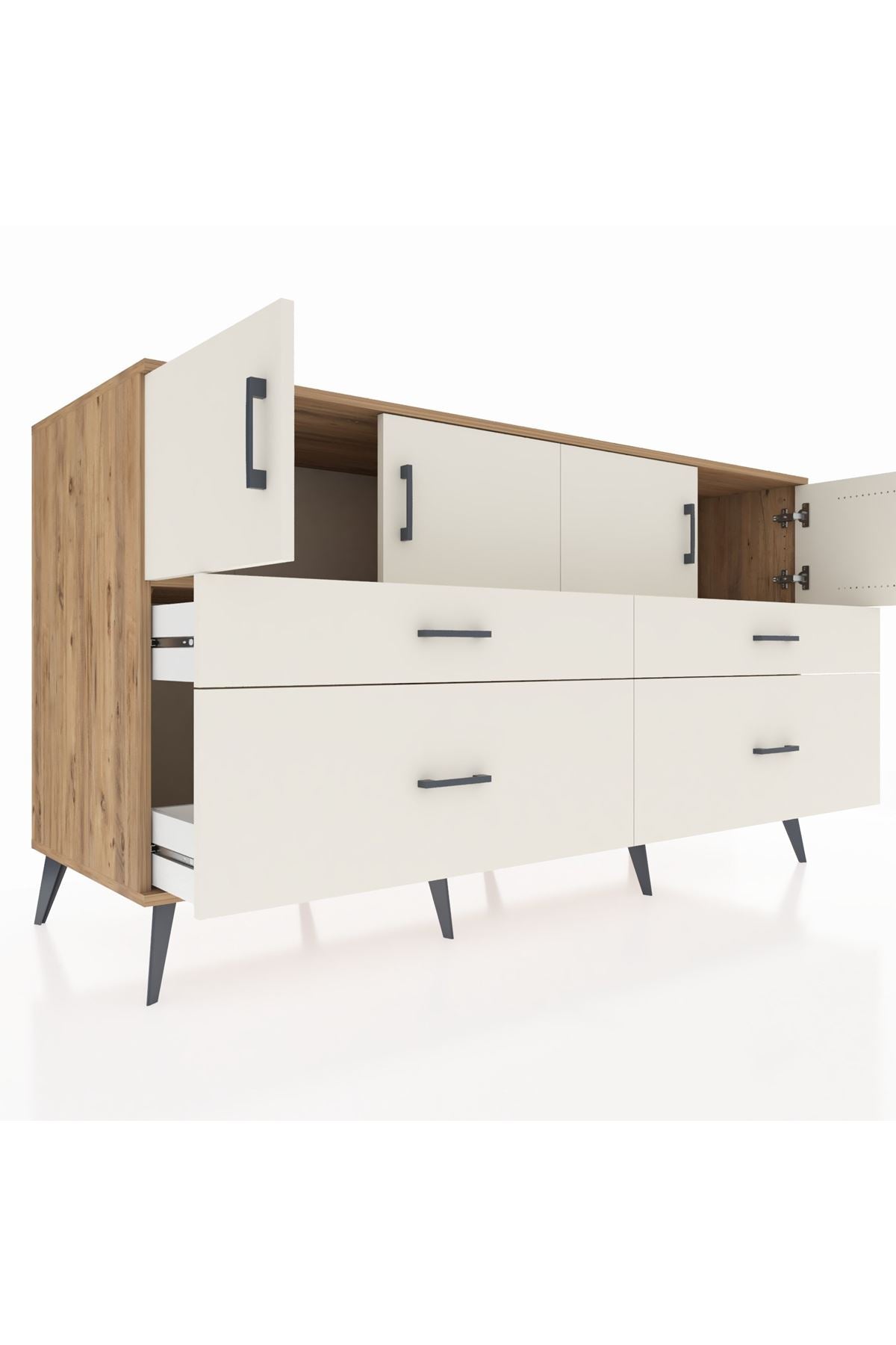 Kronos Konsol 2 Raflı 4 Çekmeceli 4 Kapaklı 176x59x99 Çam-Aytaşı