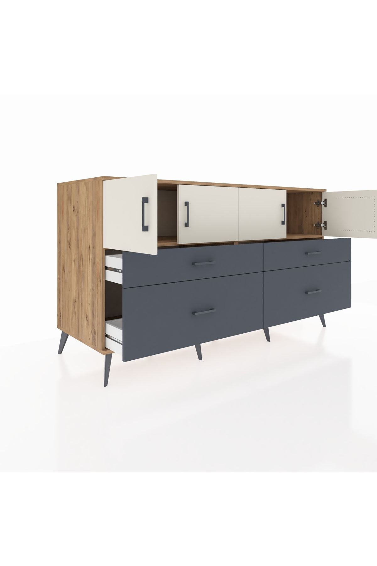 Kronos Konsol 2 Raflı 4 Çekmeceli 4 Kapaklı 176x59x99 Çam-Aytaşı/Antrasit